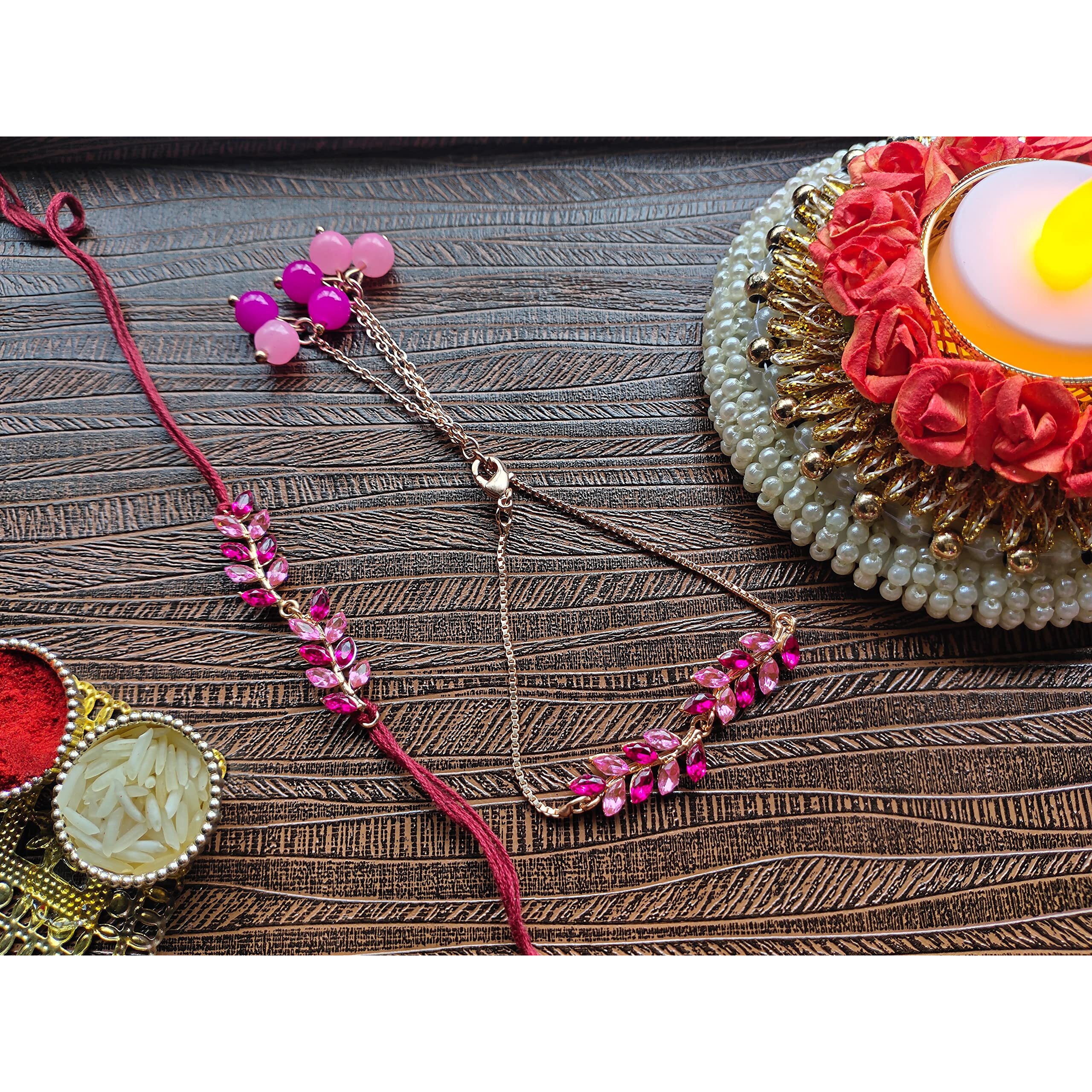 Mahi Light and Dark Pink Leafe Shape Crystals Rakhi Combo for Bhaiya and Bhabhi (RCOL1105340M) For Unisex Adult.