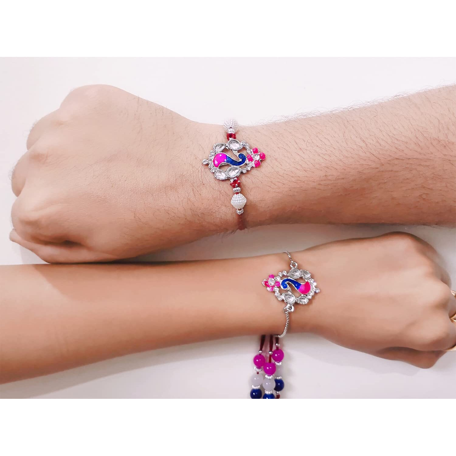 Mahi Peacock Shaped Meenakari Work Combo Rakhi for Bhabhi and Bhabhi (RCOL1105346M) For Women