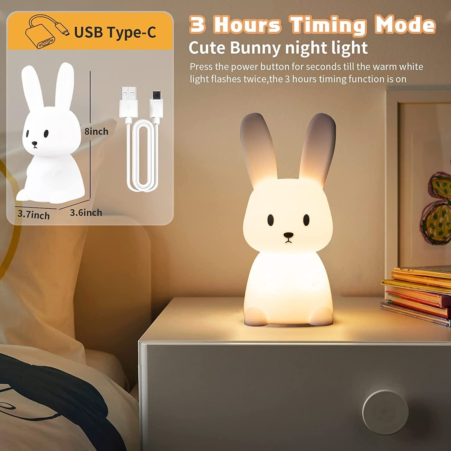 NYRWANA Night Lamp for Bedroom, Cute Lamp, Night Lamp for Kids, Silicone Lamp, Cute Night Lamp, Birthday Gifts, Lamp for Kids, Light Lamp, Rakhi for Brother, Rechargeable, Bunny Lamp (White)