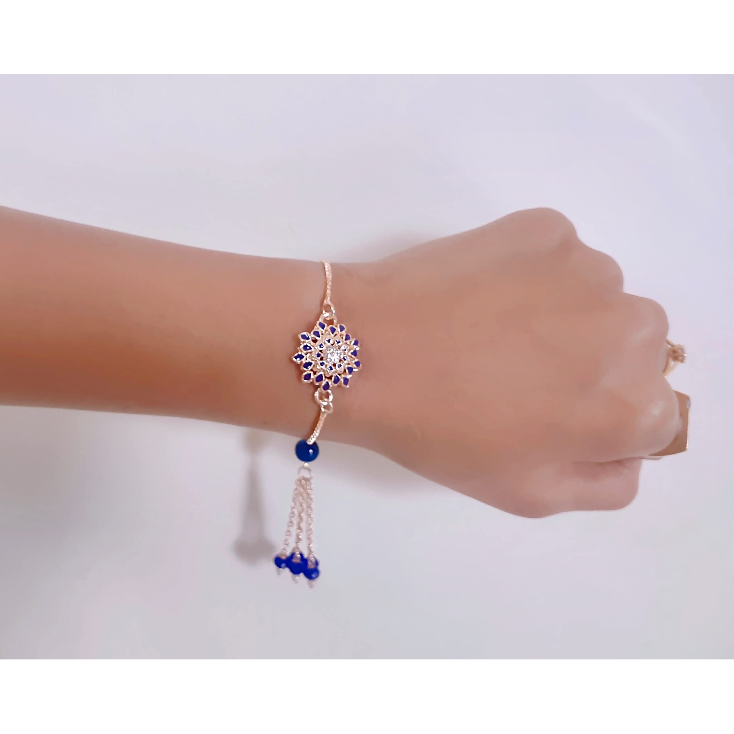 Mahi Blue Meena Work Enamel Floral Lumba Rakhi for Bhabhi (RAL1100678Z)