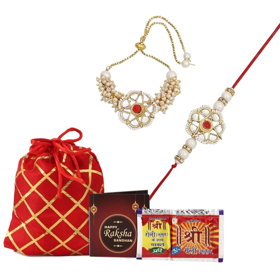 Kalakriti Unisex Adult Rakhi For Brother And Bhabhi Combo Set Of 2 With Kundan Lumba Bracelet For Bhabhi With Roli Chawal, Raksha Bandhan Greeting Card And Printed Potli Bag (Rakhi 2)