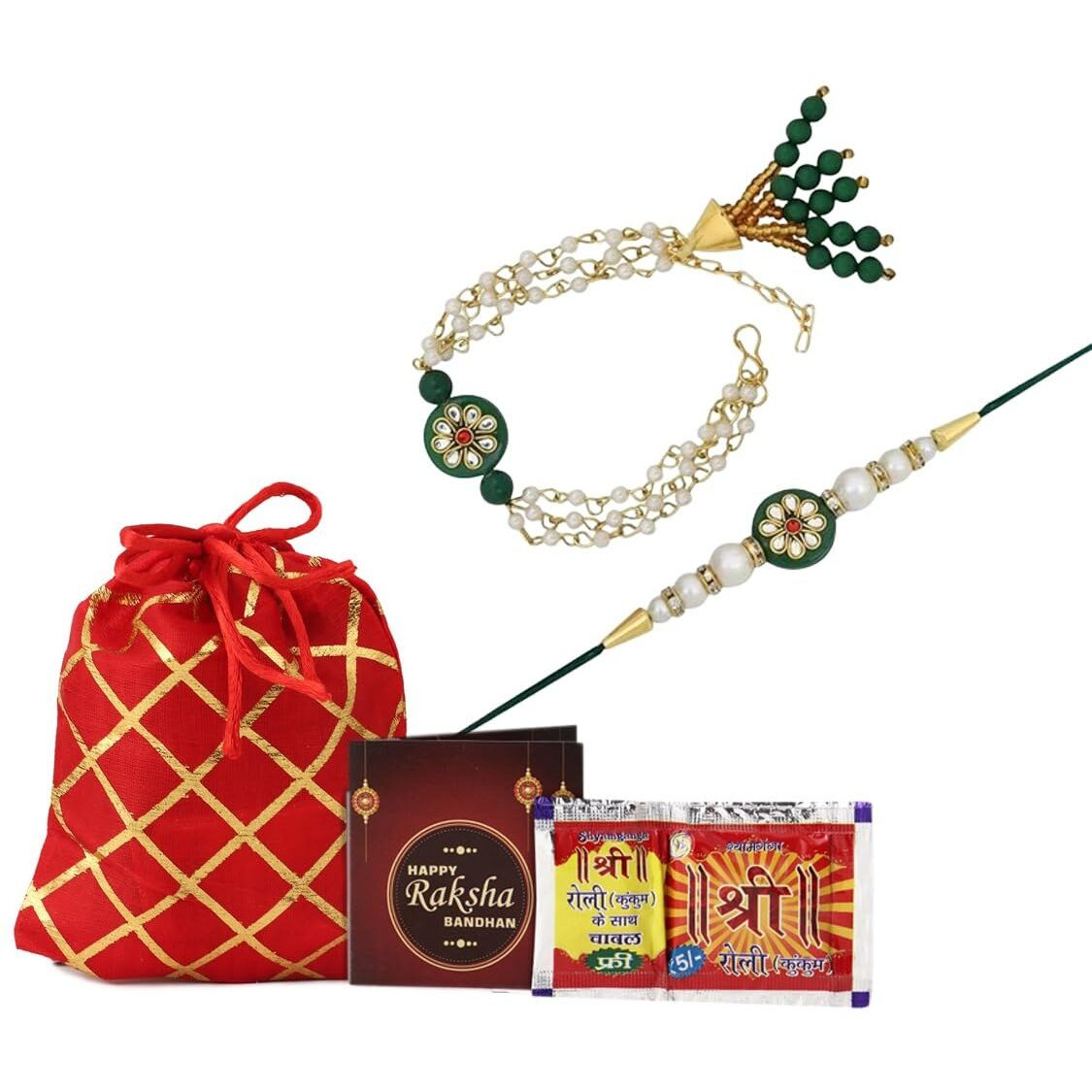 Kalakriti Rakhi For Brother And Bhabhi Combo Set Of 2 With Designer Kundan Lumba Bracelet For Bhabhi With Roli Chawal, Raksha Bandhan Greeting Card And Printed Potli Bag, Green For Unisex Adult