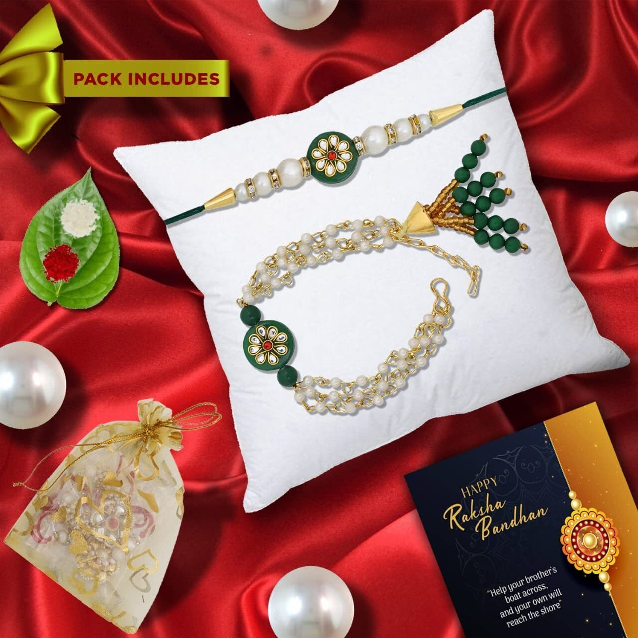 Kalakriti Rakhi For Brother And Bhabhi Combo Set Of 2 With Designer Kundan Lumba Bracelet For Bhabhi With Roli Chawal, Raksha Bandhan Greeting Card And Printed Potli Bag, Green For Unisex Adult