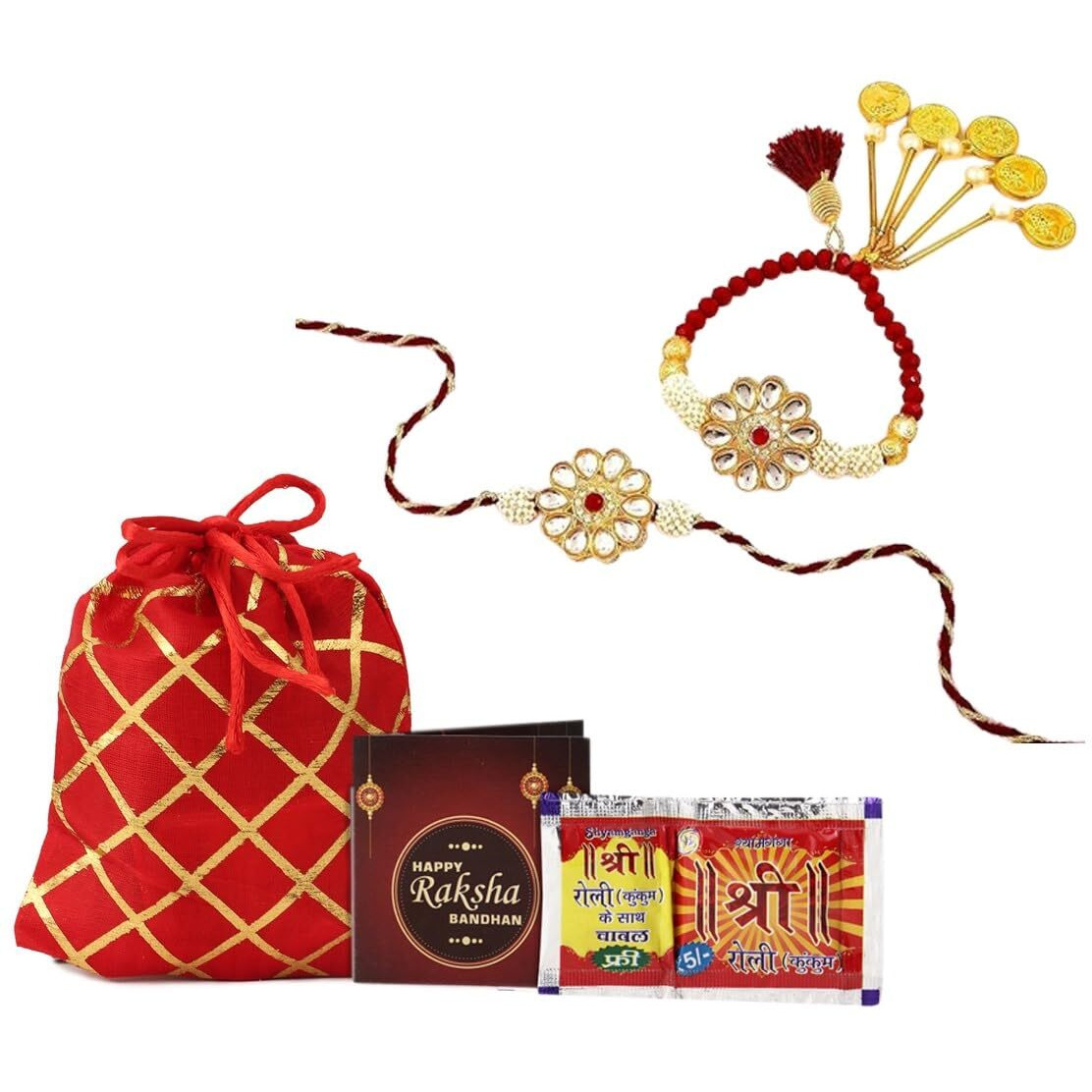 Kalakriti Rakhi for Brother and Bhabhi Combo Set of 2 With Designer Kundan Lumba Bracelet for Bhabhi With Roli Chawal, Raksha Bandhan Greeting Card and Printed Potli Bag (Rakhi 1)