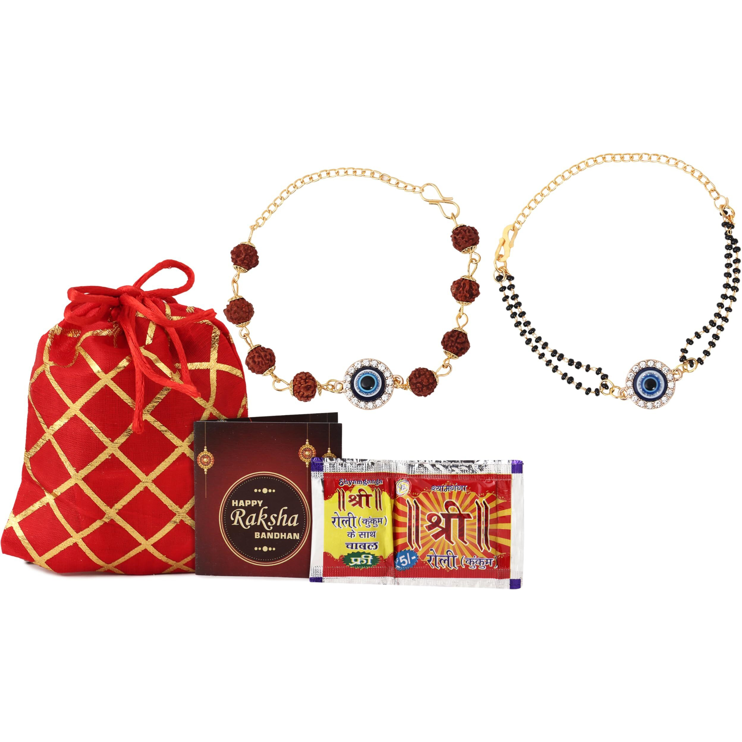 Kalakriti Rakhi for Brother and Bhabhi Combo Set of 2, Evil Eye Rudraksh Rakhi and Mangalsutra Bracelet for Bhabhi With Roli Chawal, Raksha Bandhan Greeting Card and Printed Potli Bag, Blue