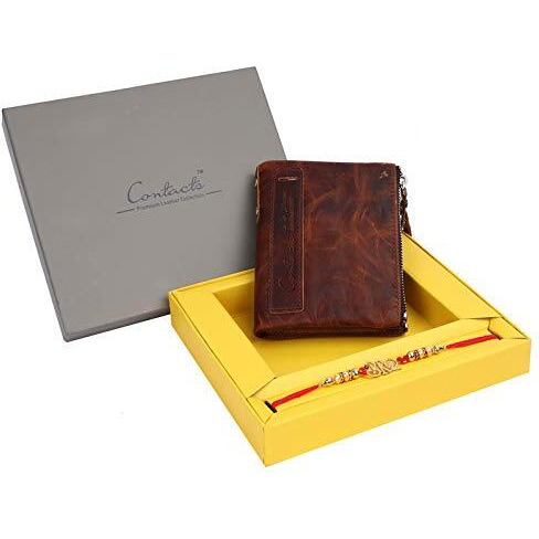 Contacts Mens Genuine Leather Wallet with Rakhi Combo Gift Set | RFID Blocking Wallet for Men | Bifold Zip Wallet| 7 Card Slots, 1 ID Window (Brown RKI)