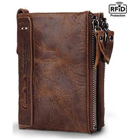 Contacts Mens Genuine Leather Wallet with Rakhi Combo Gift Set | RFID Blocking Wallet for Men | Bifold Zip Wallet| 7 Card Slots, 1 ID Window (Brown RKI)