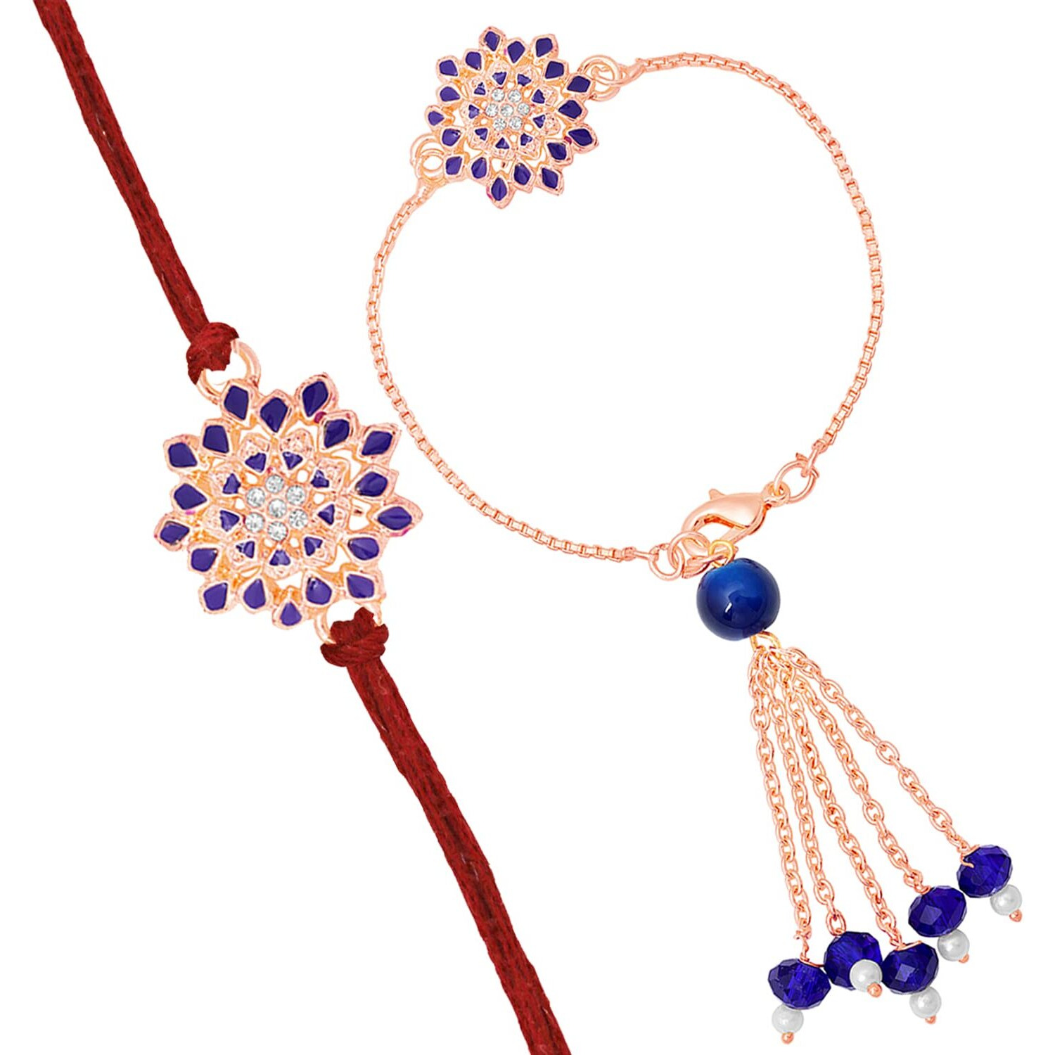 Mahi Blue Meena Work Enamel Floral Combo Rakhi for Bhai and Bhabhi (RCOL1105343M)