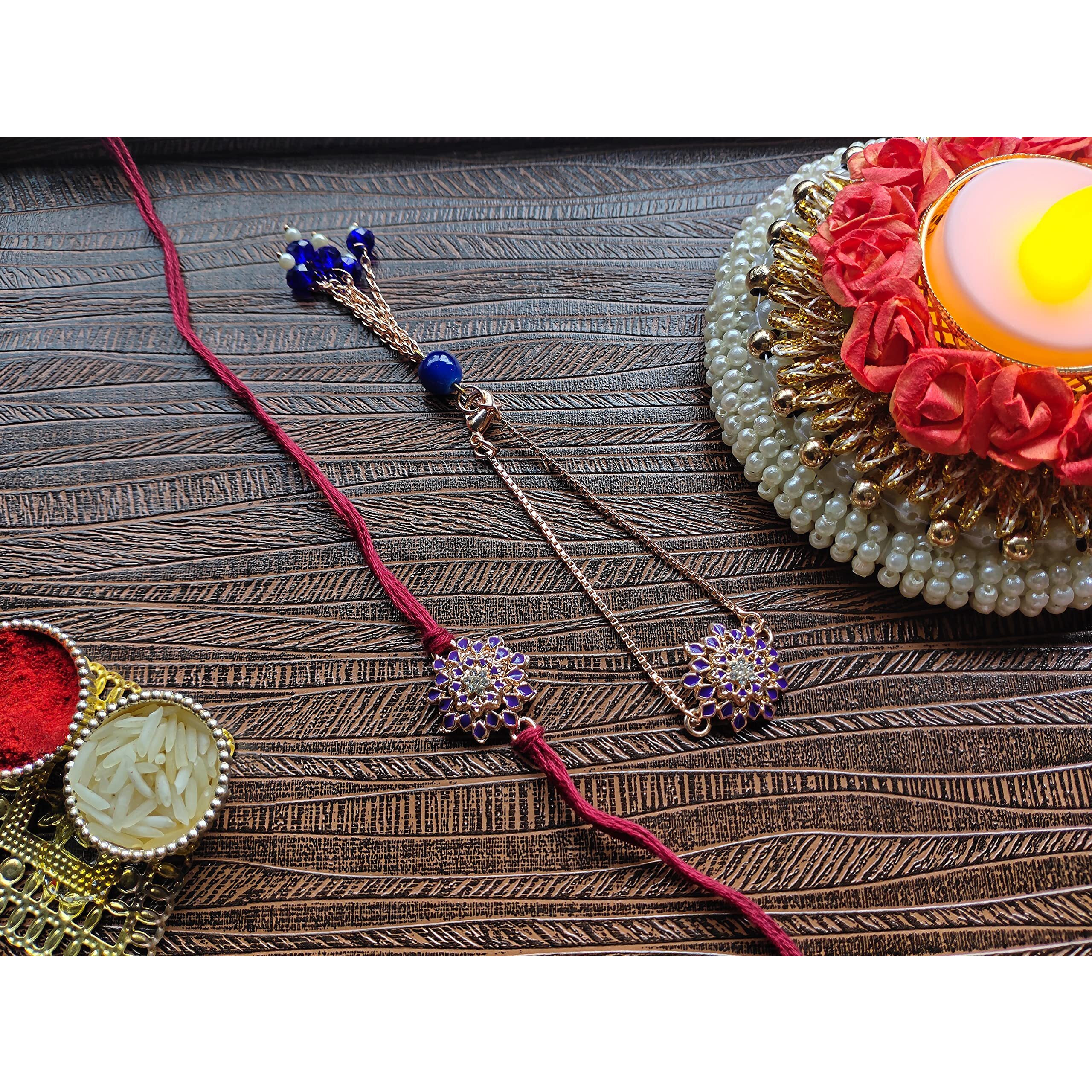 Mahi Blue Meena Work Enamel Floral Combo Rakhi for Bhai and Bhabhi (RCOL1105343M)