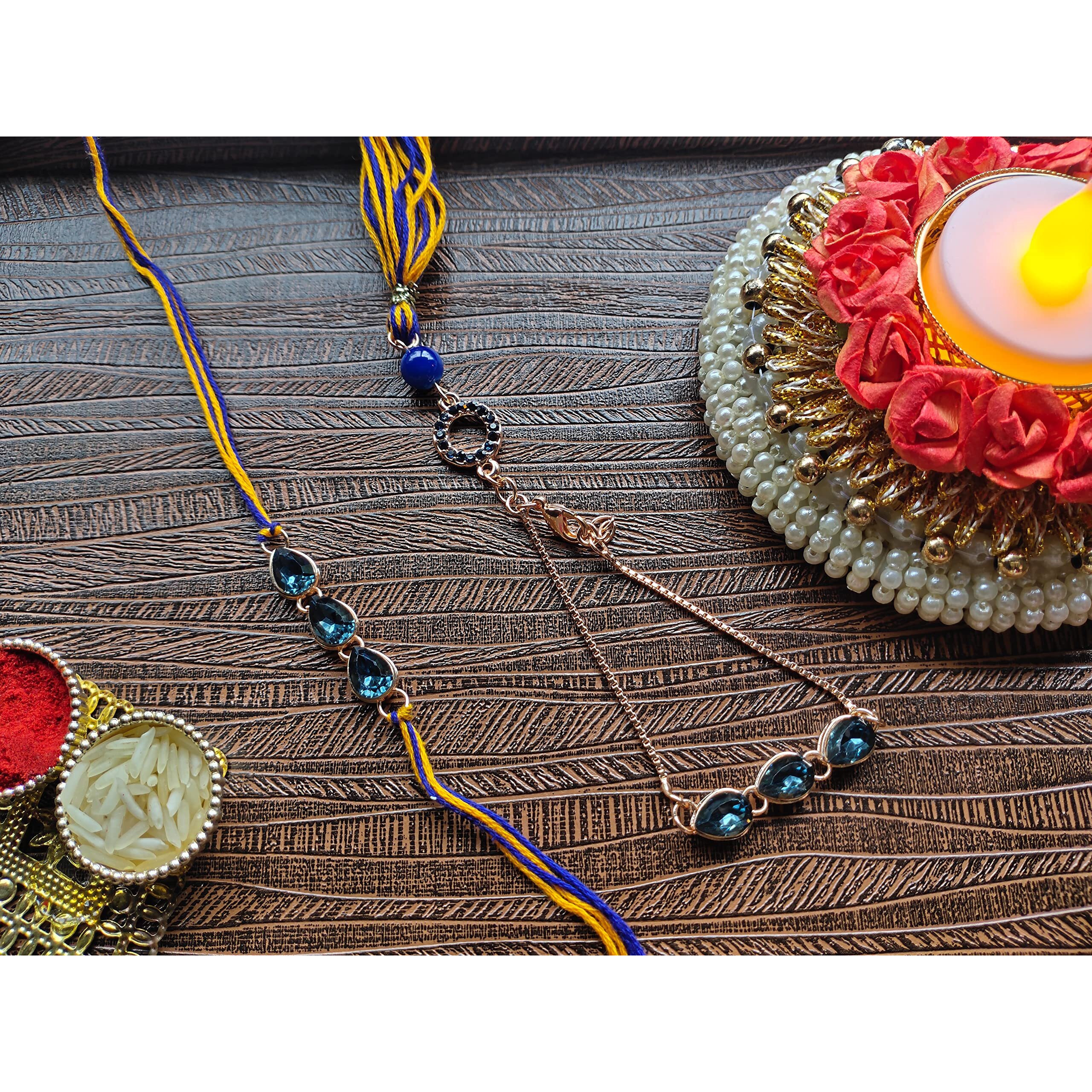 Mahi Water Drop Monatana Blue Crystal Rakhi Combo for Bhai and Bhabhi (RCOL1105336M) For Unisex Adult.