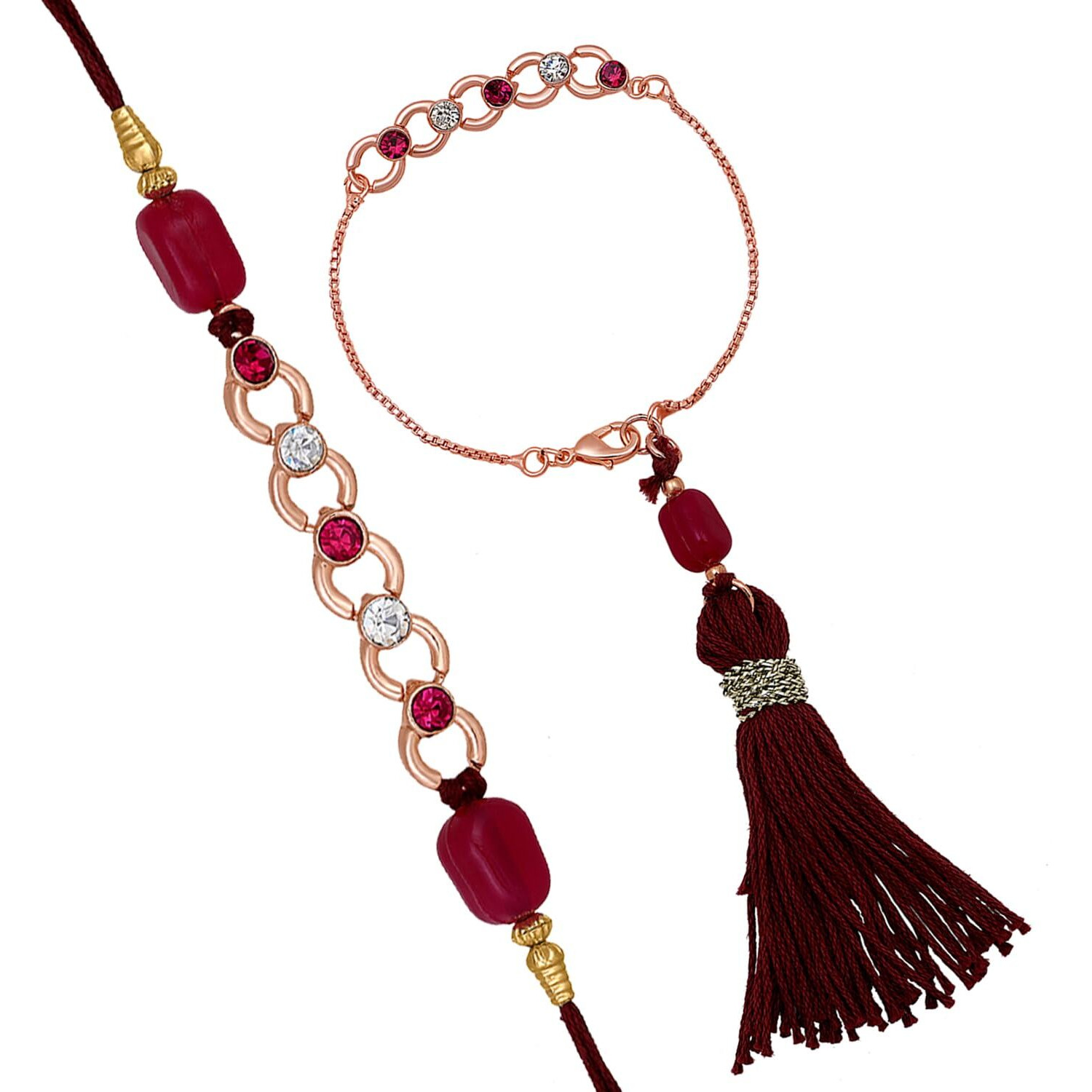 Mahi Rose Gold Plated Pink and White Crystals Lumba and Brother Rakhi Pair for Bhaiya and Bhabhi (RCOL1105522ZPin)