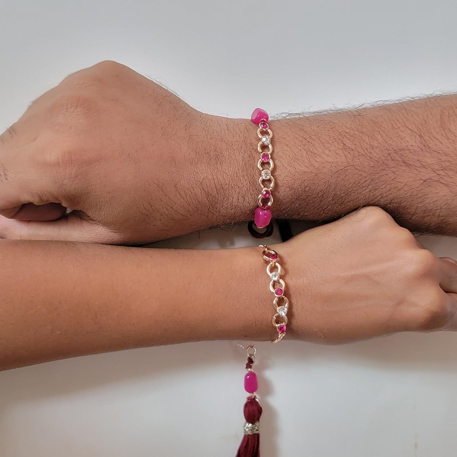 Mahi Rose Gold Plated Pink and White Crystals Lumba and Brother Rakhi Pair for Bhaiya and Bhabhi (RCOL1105522ZPin)