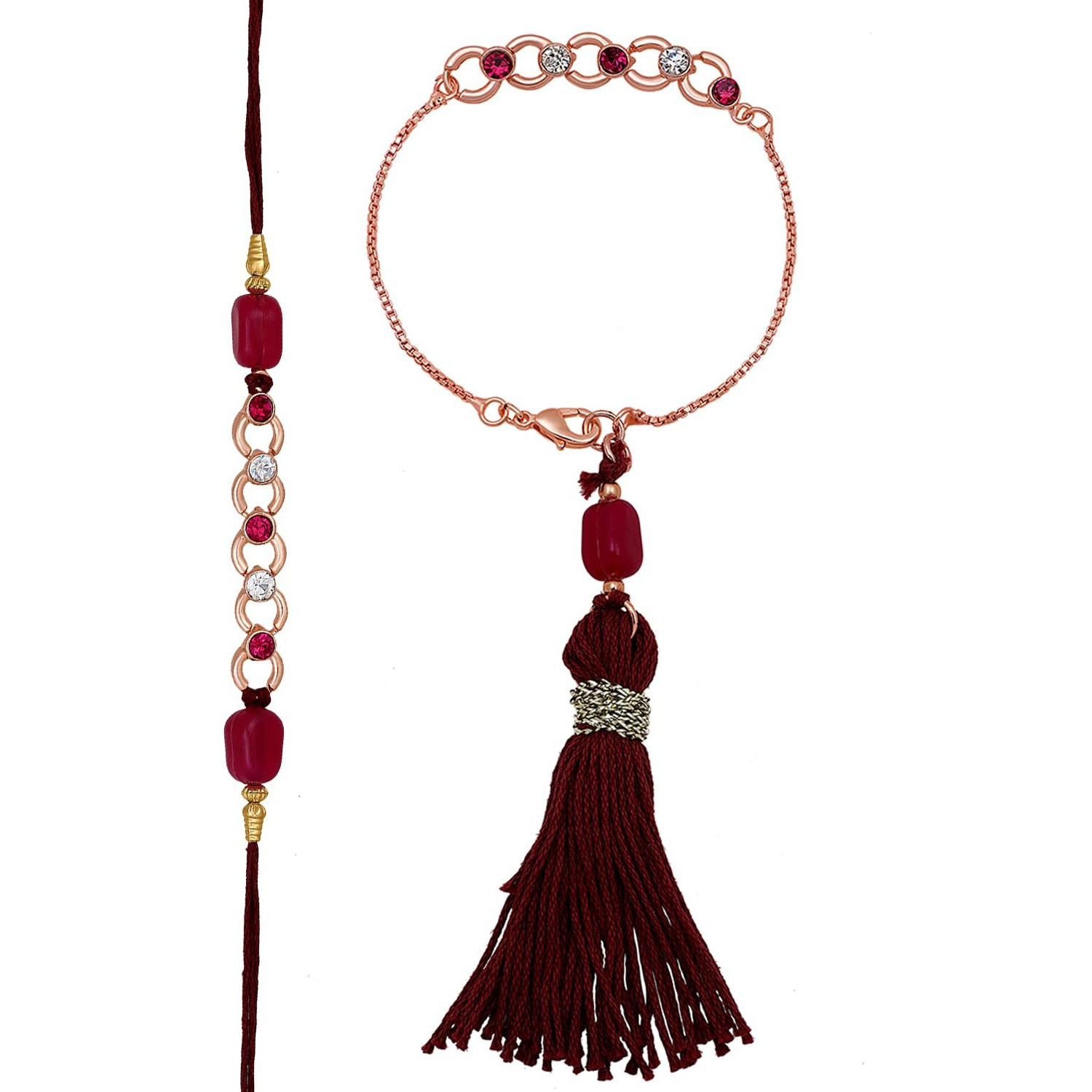 Mahi Rose Gold Plated Pink and White Crystals Lumba and Brother Rakhi Pair for Bhaiya and Bhabhi (RCOL1105522ZPin)