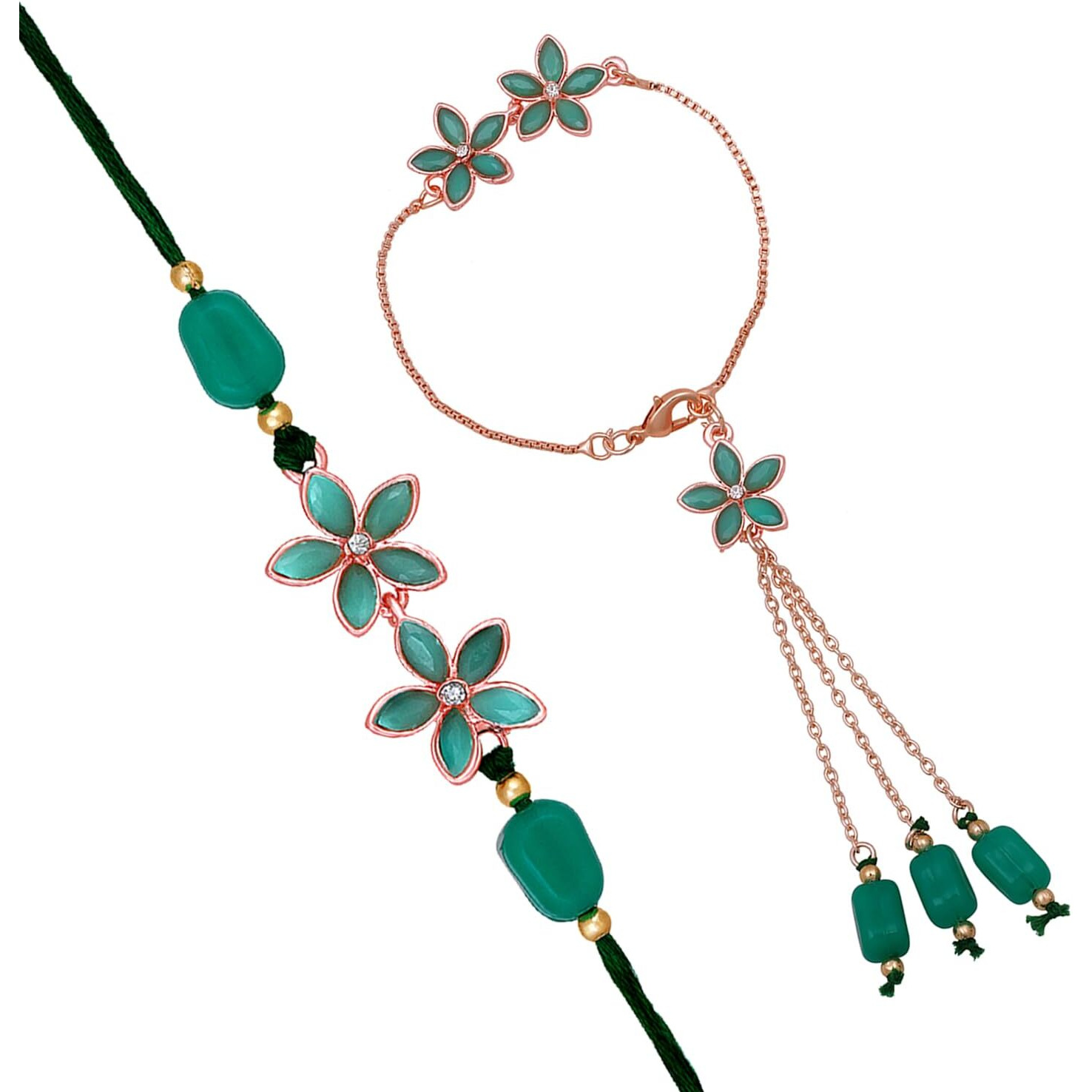 Mahi Green Crystals Floral Lumba and Brother Rakhi Combo for Bhaiya and Bhabhi (RCOL1105520ZGre)