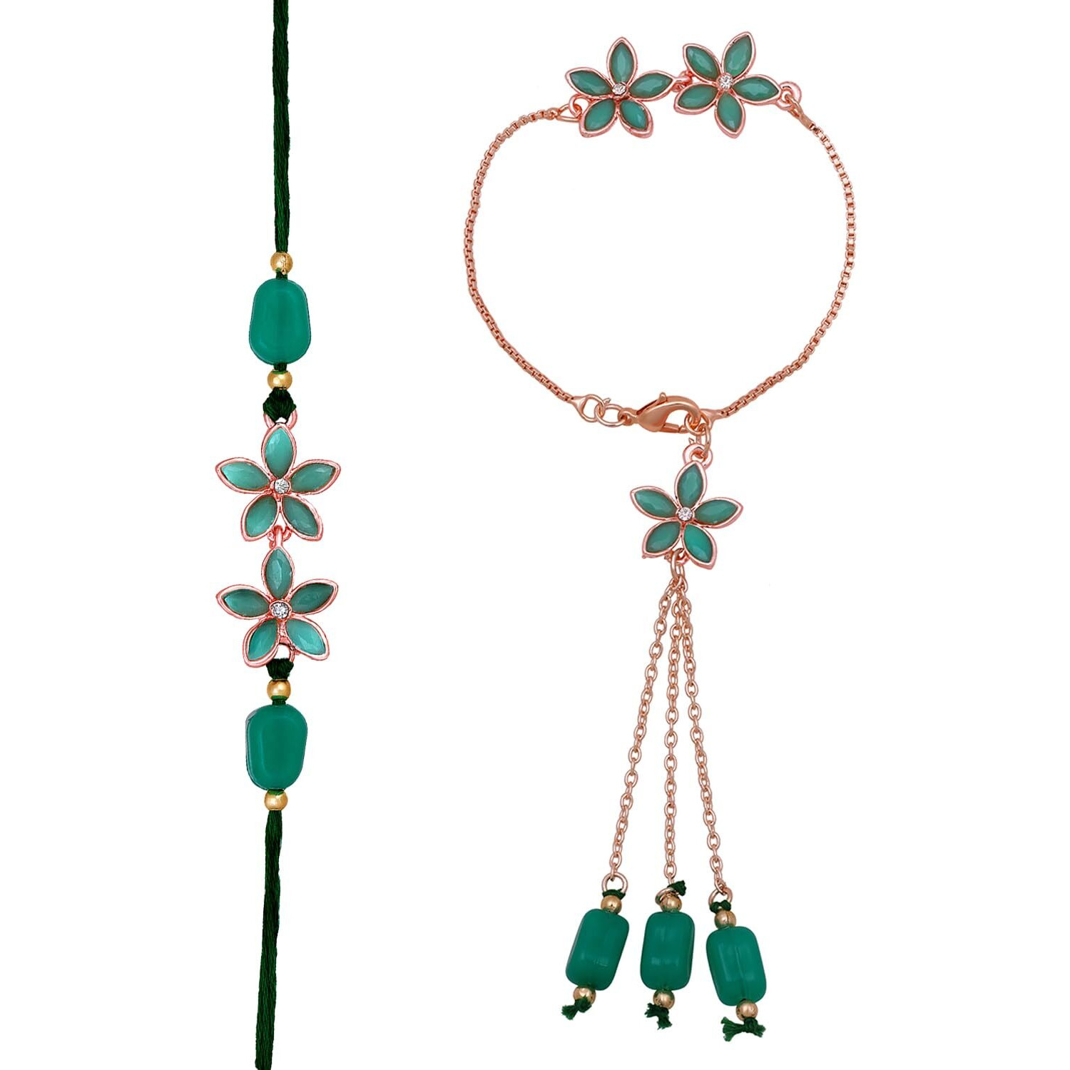 Mahi Green Crystals Floral Lumba and Brother Rakhi Combo for Bhaiya and Bhabhi (RCOL1105520ZGre)