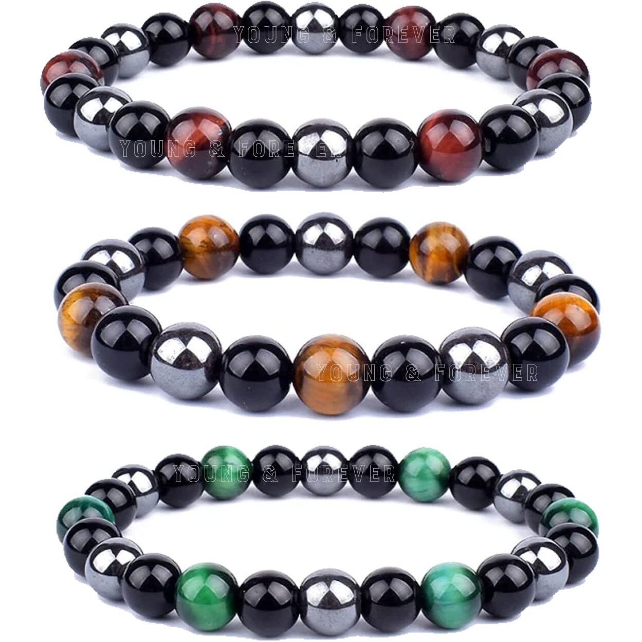 Young & Forever Gift Rakhi Gift For Brother Reiki Infused Handmade Chakra Bracelets For Women Semi Precious Gemstone Tiger Eye Onyx Hematite Weight Loss Crystal Bracelet For Men Value Pack Of 3