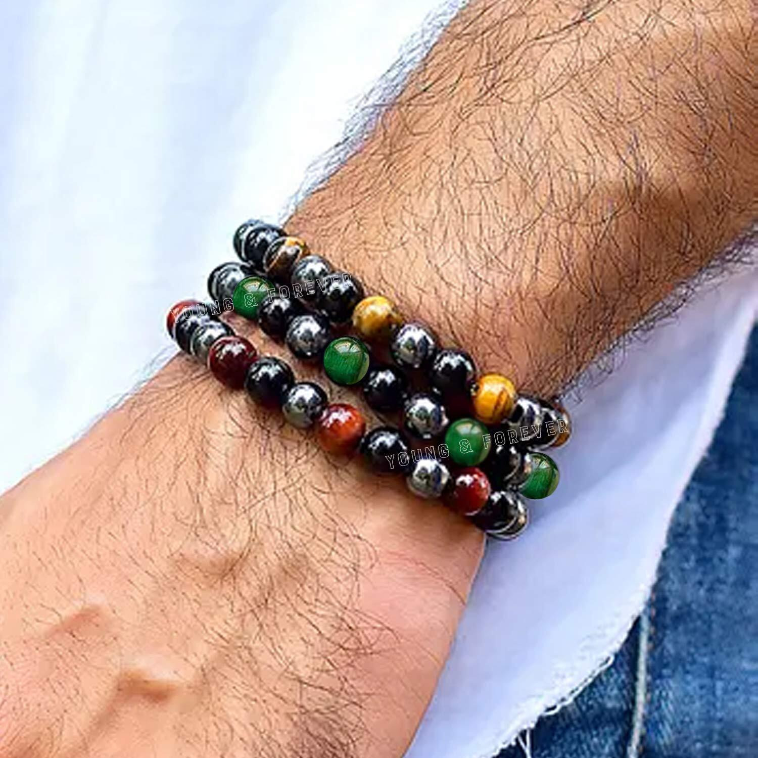 Young & Forever Gift Rakhi Gift For Brother Reiki Infused Handmade Chakra Bracelets For Women Semi Precious Gemstone Tiger Eye Onyx Hematite Weight Loss Crystal Bracelet For Men Value Pack Of 3