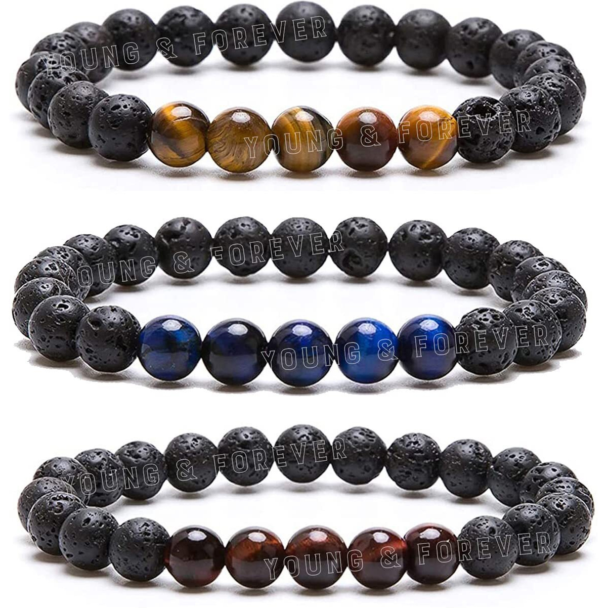 Young & Forever Rakhi Gift for Brother Reiki Infused Handmade Chakra Bracelets for Women Semi Precious Gemstone Howlite Tiger Eye and Lava Rock Healing Crystal Bracelet for Men Pack of 4 Pcs