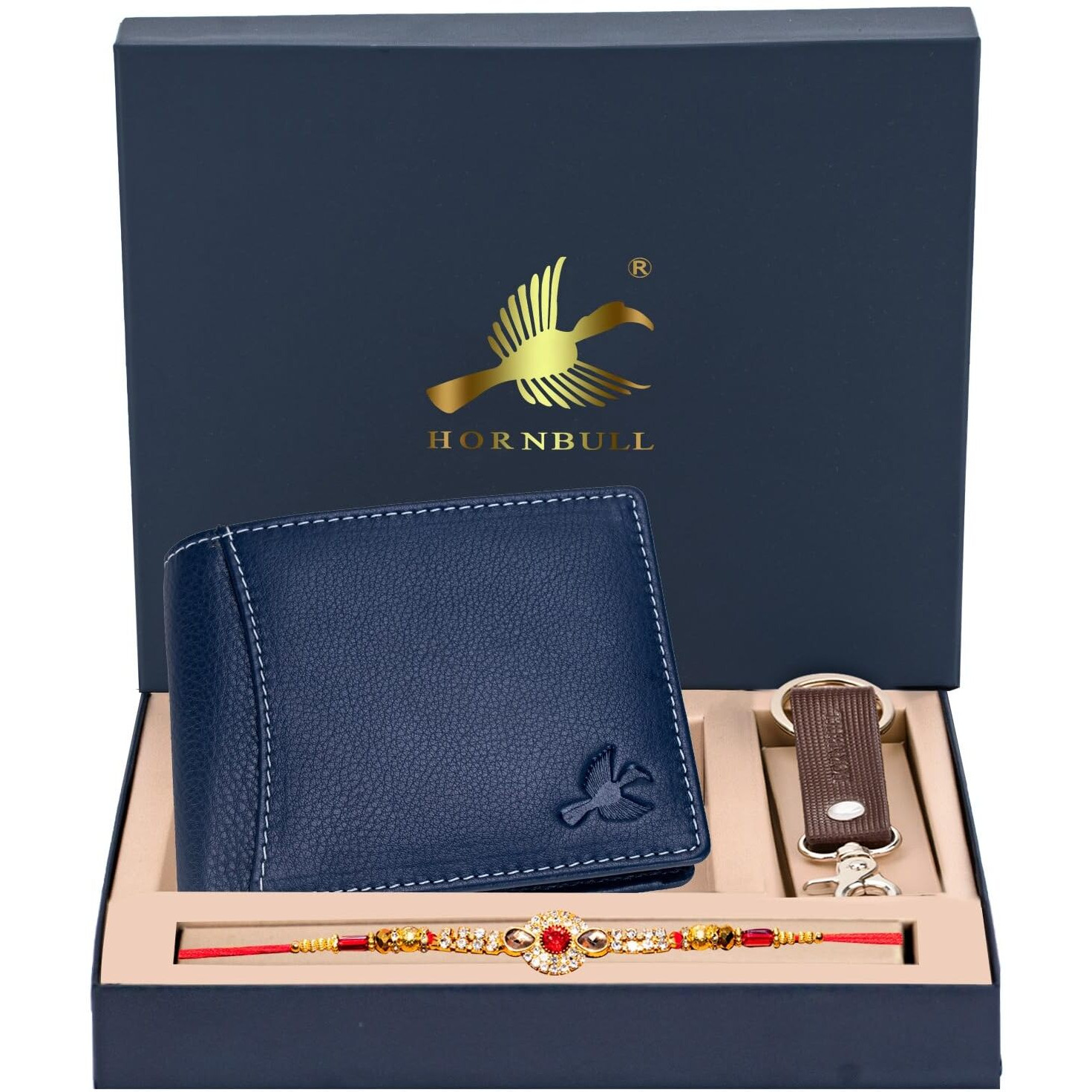 HORNBULL Rakhi Gift Hamper for Brother | Themes Navy Mens Leather Wallet, Keyring and Rakhi Combo Set for Brother | Rakhi with Wallet