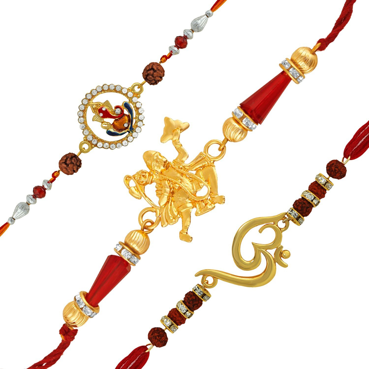 Mahi Combo of 3 Spiritual Hanuman, Ganesha and Om Rakhi Combo with rudraksha and Crystal for Beloved Brother (Bracelet) RCO1104772G For Men