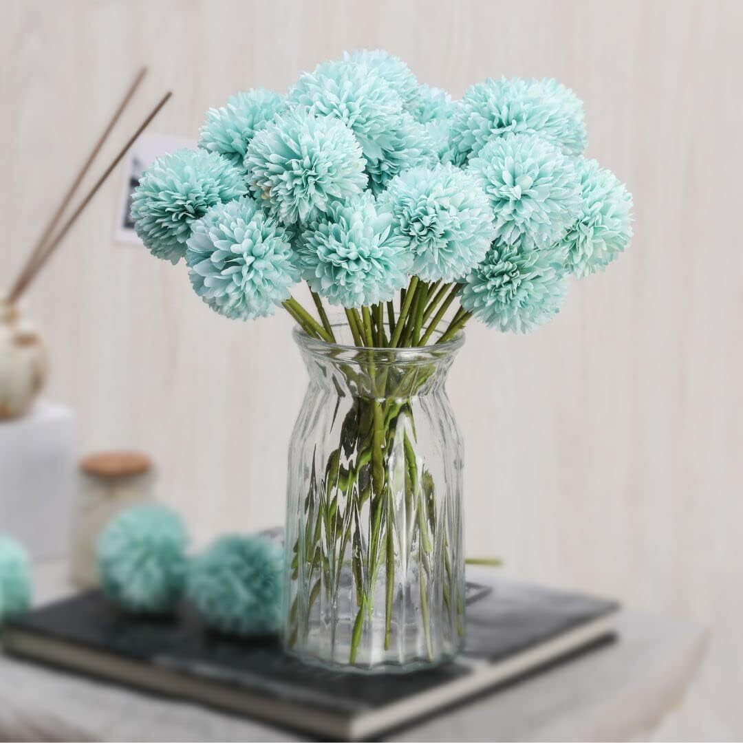 SATYAM KRAFT 5 Pcs Artificial Chrysanthemum Hydrangea Ball Flower Stick for Home Decor, Office, Rakshabandhan Rakhi, Decoration and Craft - (Pack of 5) (Blue)(without Vase)(fabric)