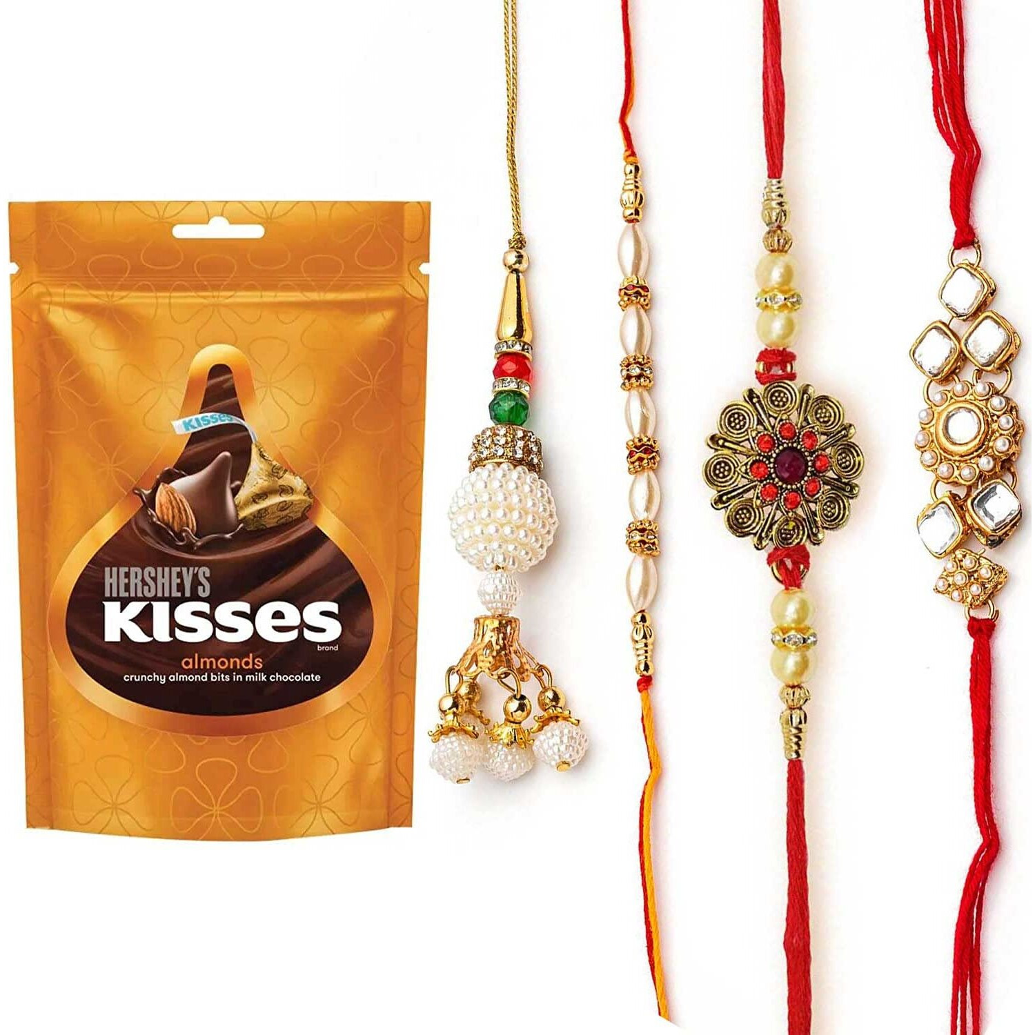 CraftVatika Rakhi Chocolate Gift Pack of 1 for Brother and Bhabhi Kids, Rakhi for Bhaiya Bhabhi with Hersheys Kisses Chocolate Combo, Rakshabandhan Handmade Rakhi Gift Set for Kids Boy (Design 1)