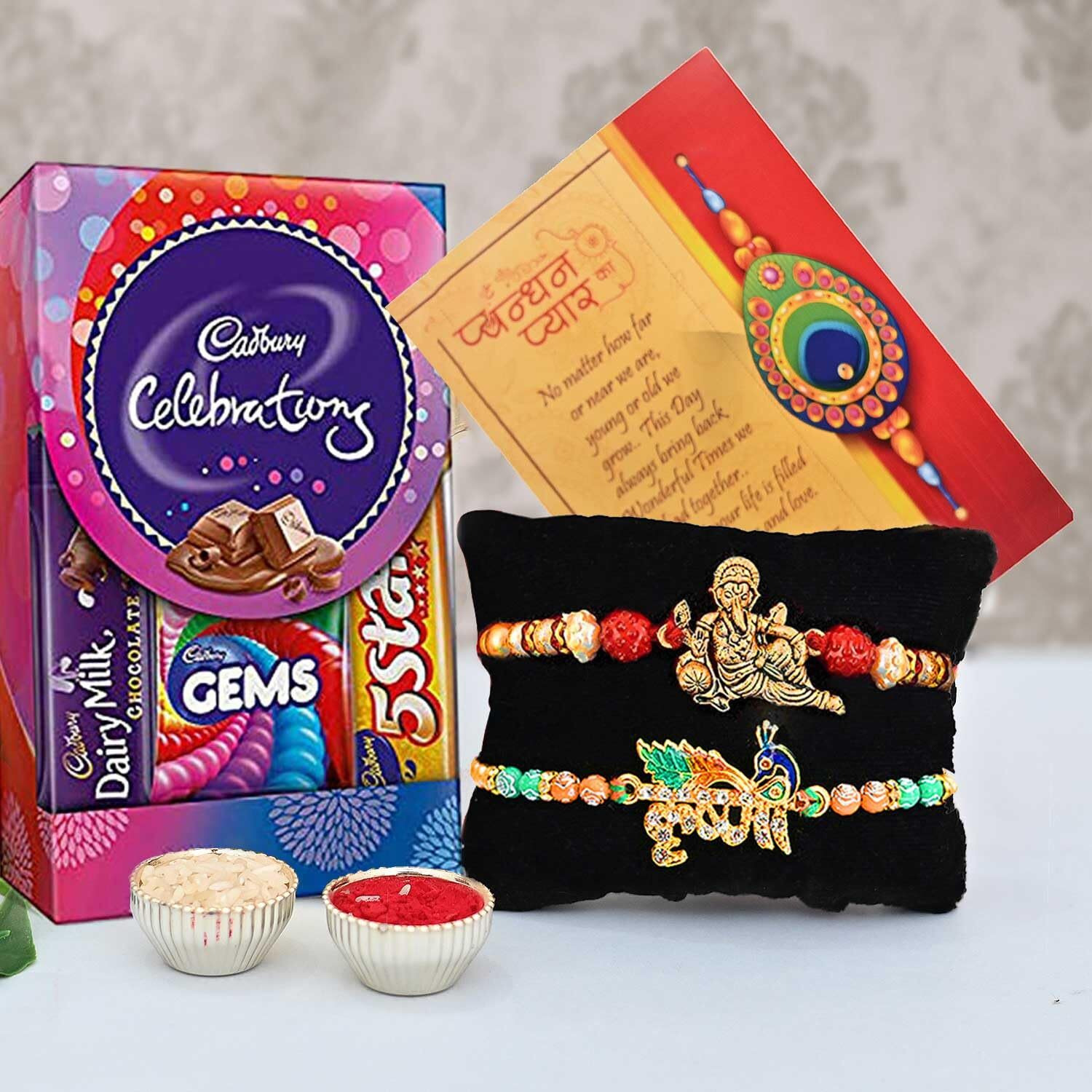 CraftVatika Set of 2 Rakhi For Brother With Chocolate Combo, Gift for Brother, Ganesha Rakhi Krishna Rakhi for Bro with Cadbury Celebration Chocolate Pack Pair Couple Rakhi Set of 2, Multicolor