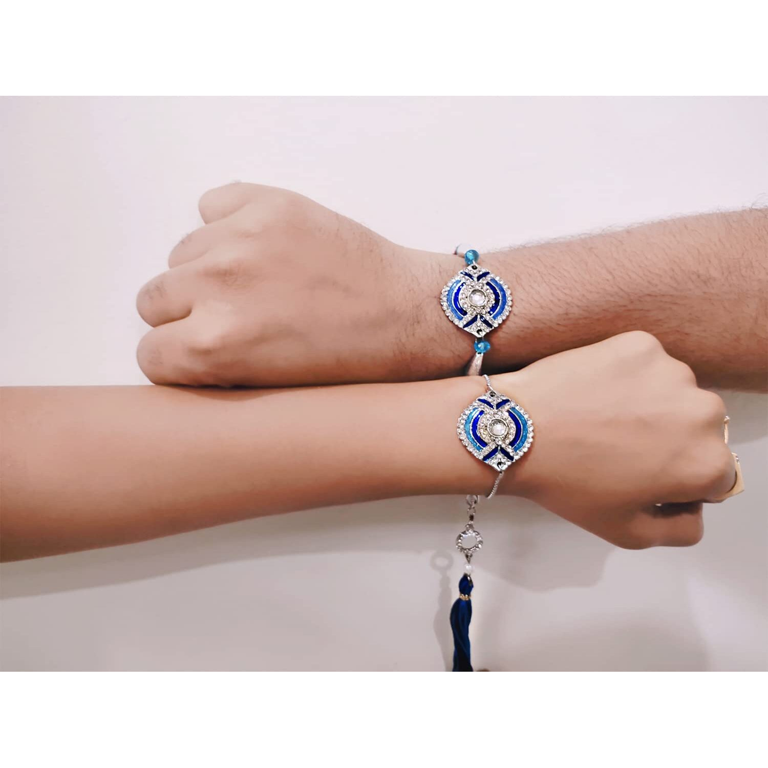 Mahi Blue Meena Work Enamel and Crystals Rakhi Combo for Bhai and Bhabhi (RCOL1105342M)