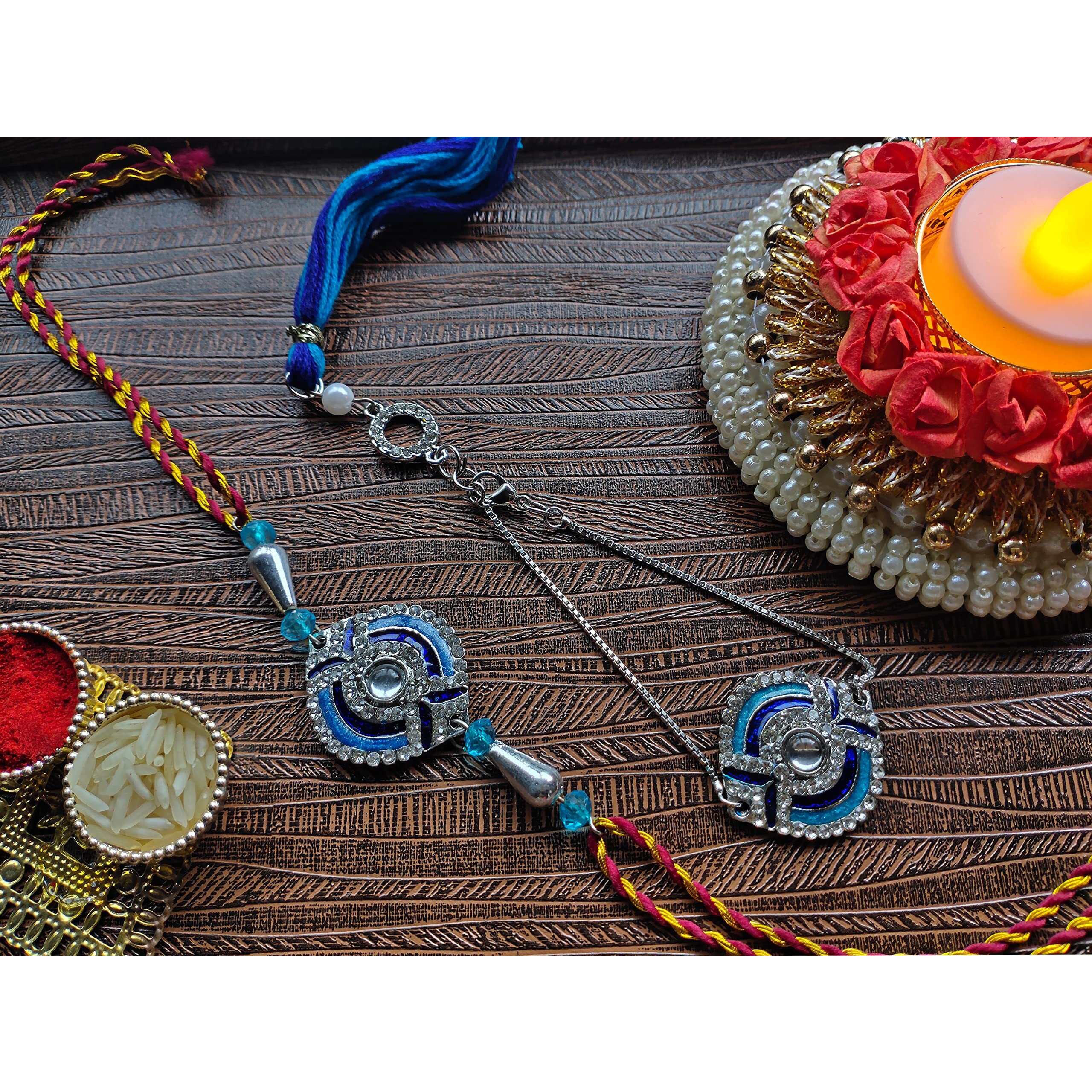 Mahi Blue Meena Work Enamel and Crystals Rakhi Combo for Bhai and Bhabhi (RCOL1105342M)