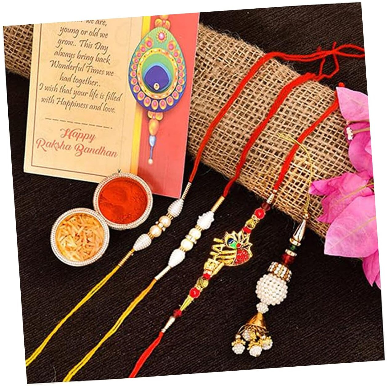 Collectible India 4 Rakhi For Brother Combo | Elegant Rakhi for Brother and Bhabhi and Kid | Bhabhi Lumba Rakhi | Krishna Rakhi | Rakhi Gifts | Rakshabandhan Gift Card,Roli Tilak Pack