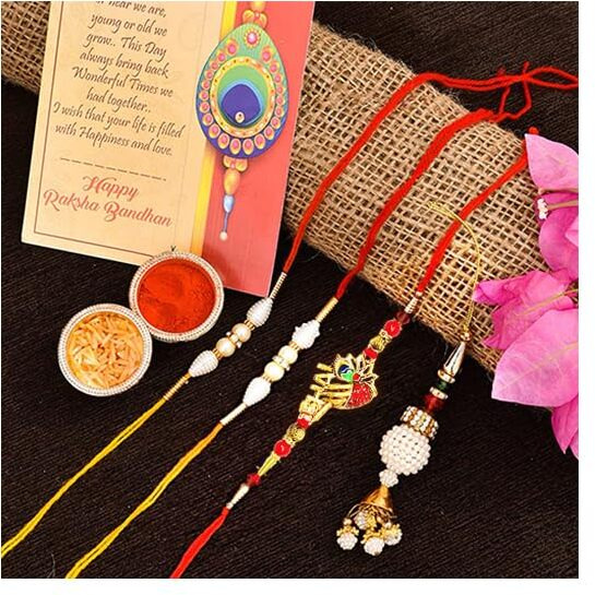 Collectible India 4 Rakhi For Brother Combo | Elegant Rakhi for Brother and Bhabhi and Kid | Bhabhi Lumba Rakhi | Krishna Rakhi | Rakhi Gifts | Rakshabandhan Gift Card,Roli Tilak Pack