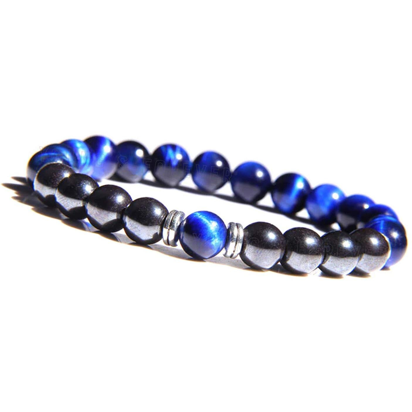 Young & Forever Gift Rakhi Gift for Brother Certified Reiki Crystal Semi Precious Gemstone Hematite and Blue Tiger Eye for Detoxification and Balance Healing Stone Stretch Bracelet for Men and Women