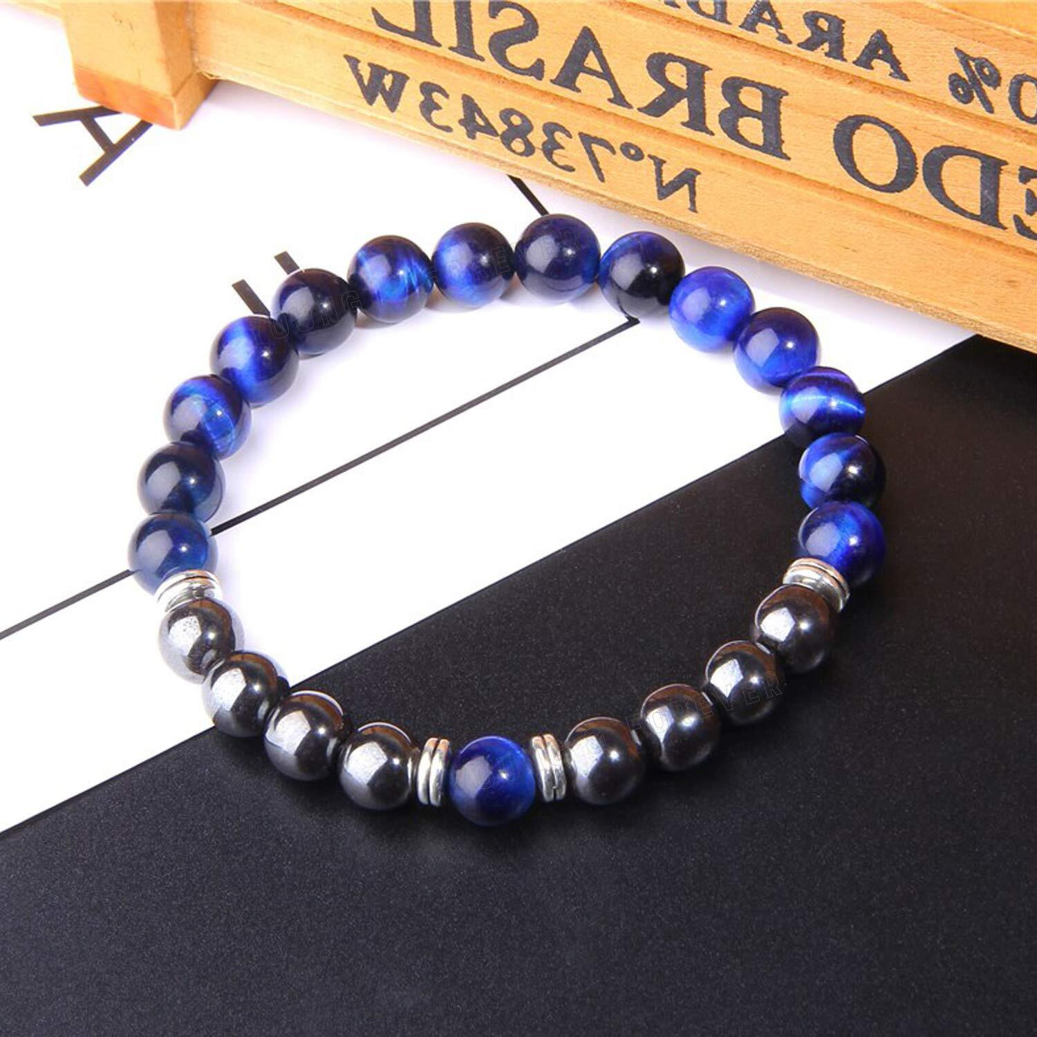 Young & Forever Gift Rakhi Gift for Brother Certified Reiki Crystal Semi Precious Gemstone Hematite and Blue Tiger Eye for Detoxification and Balance Healing Stone Stretch Bracelet for Men and Women