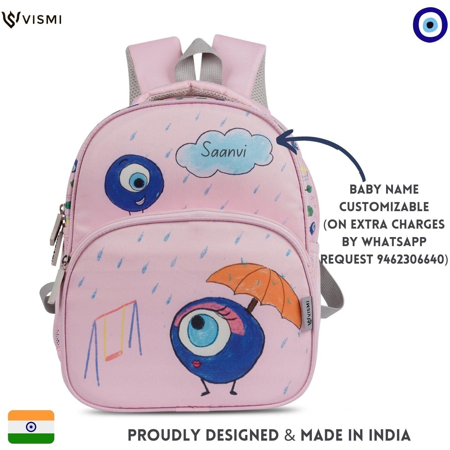 VISMIINTREND School Bags 13 Backpacks for Kids Boys & Girls (1-4 Years) | Cartoon Print Daypack for Preschool, KG, Nursery, Tuition, Picnic, Birthday, Rakhi gift for Sister/Brother (Pink Evil Eye)