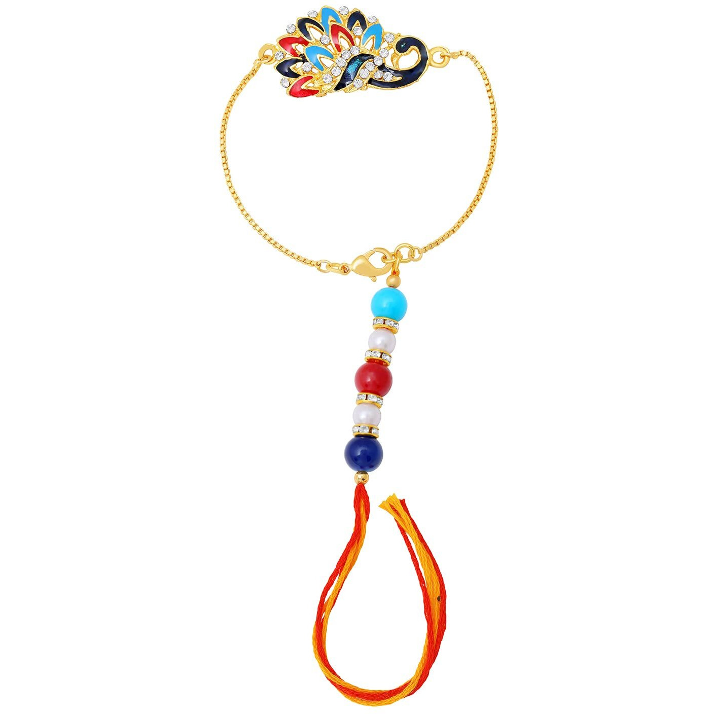 Mahi Peacock Shaped Meenakari Work Lumba Rakhi for Bhabhi with Beads and Crystals (RAL1100677G)