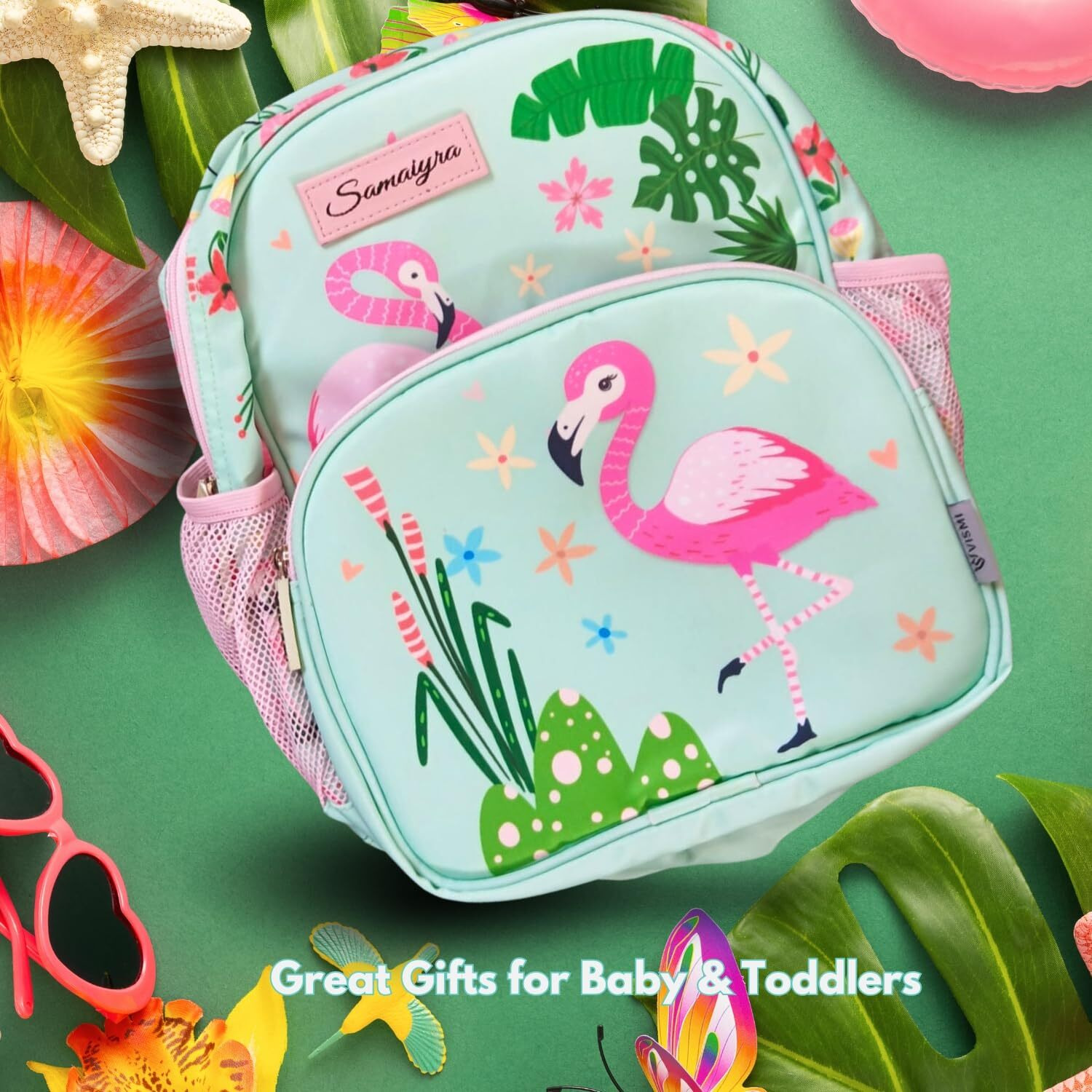 VISMIINTREND School Bags 13 Backpacks for Kids Boys & Girls (1-4 Years) | Cartoon Print Daypack for Preschool, KG, Nursery, Tuition, Picnic, Birthday, Rakhi gift for Sister/Brother (Flamingo)