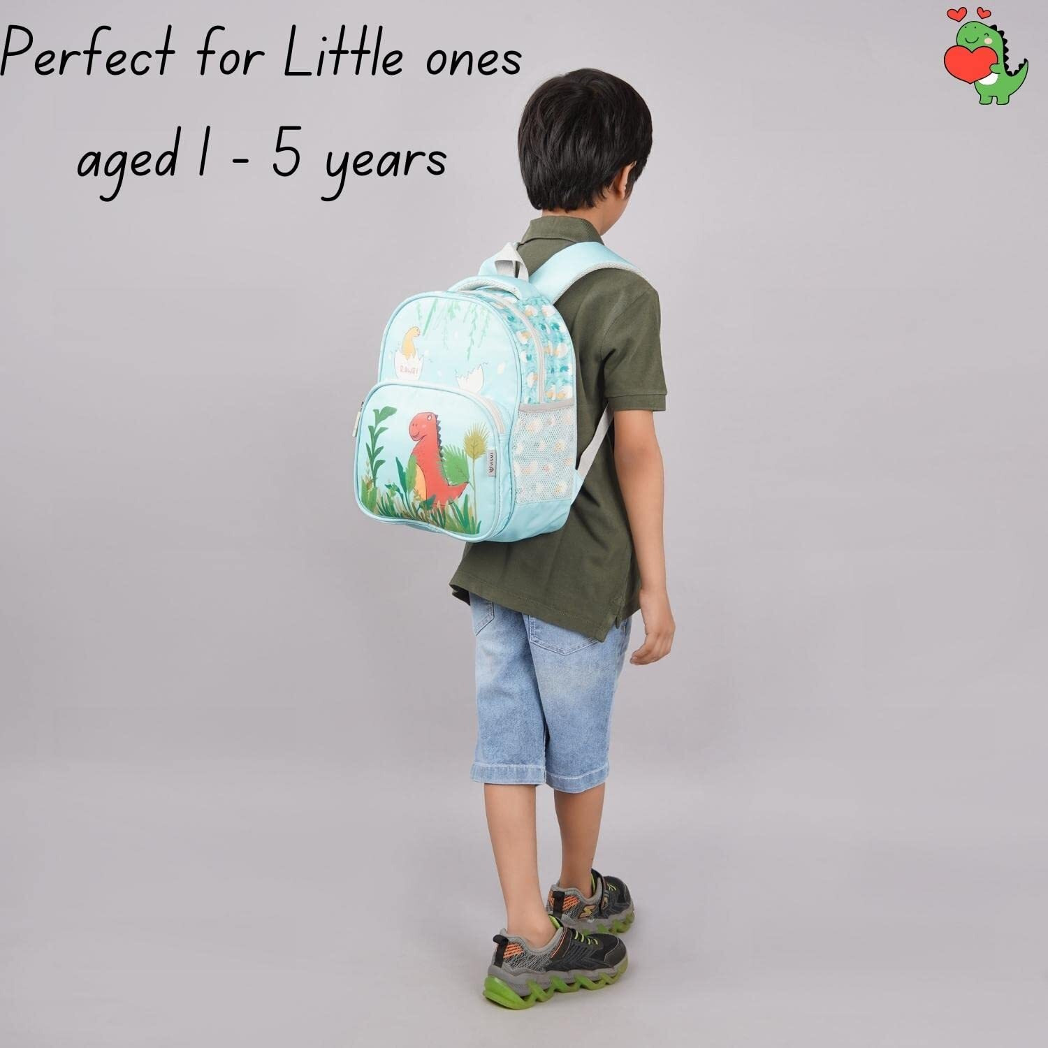 VISMIINTREND School Bags 13 Backpacks for Kids Boys & Girls (1-4 Years) | Cartoon Print Daypack for Preschool, KG, Nursery, Tuition, Picnic, Birthday, Rakhi gift for Sister/Brother (Dinosaur)