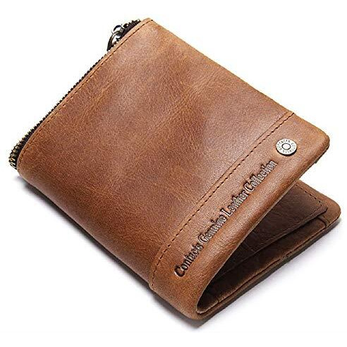 Contacts Mens Genuine Leather Wallet Rakhi Gift Set Combo | RFID Blocking Wallet for Men| 14 Card Slots, 1 Zip Closure Currency Compartment (Beige NC RKI)