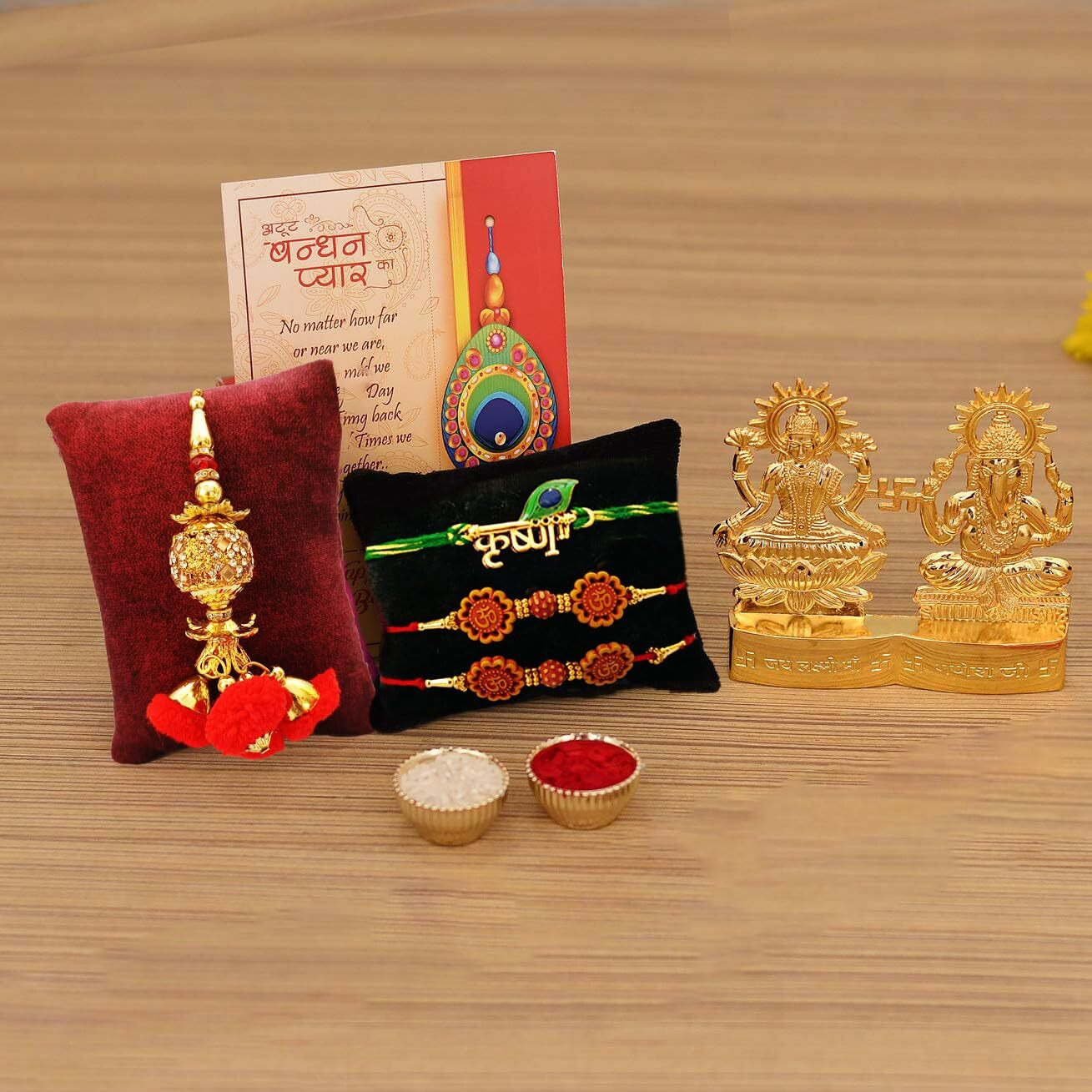 Collectible India Rakshbandhan Special Rakhi Combo Set - Rakhi for Bhaiya Bhabhi - Rakhi Gift For Brother - Metal Gold Plated Ganesha Lakshmi Set, Lumba Rakhi Gift, Shri Nath Ji Rakhi, Greeting Card