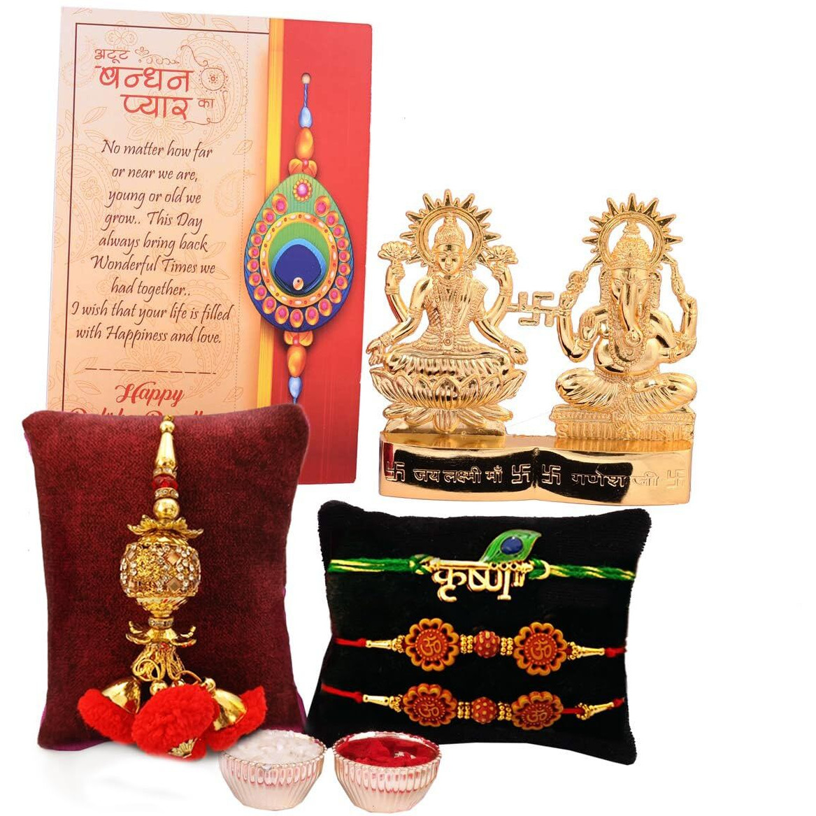 Collectible India Rakshbandhan Special Rakhi Combo Set - Rakhi for Bhaiya Bhabhi - Rakhi Gift For Brother - Metal Gold Plated Ganesha Lakshmi Set, Lumba Rakhi Gift, Shri Nath Ji Rakhi, Greeting Card