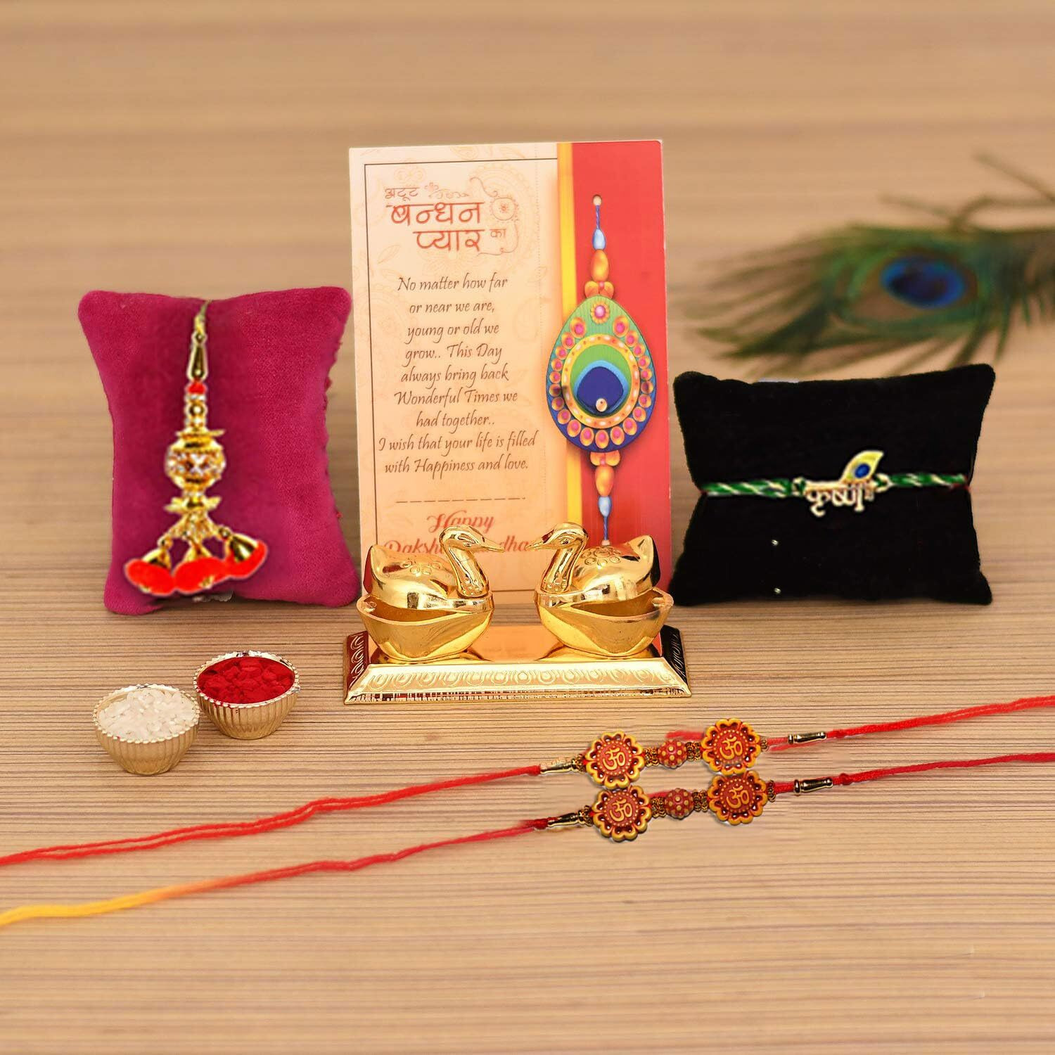 Rakhi with Gift for Brother and Bhabhi Kids Combo - 4 Rakhi for Rakshabandhan Gifts for Bhaiya Bhabhi - Kumkum Dani Box, Rakshabandhan Gift Card, Krishna Rakhi, Lumba Rakhi