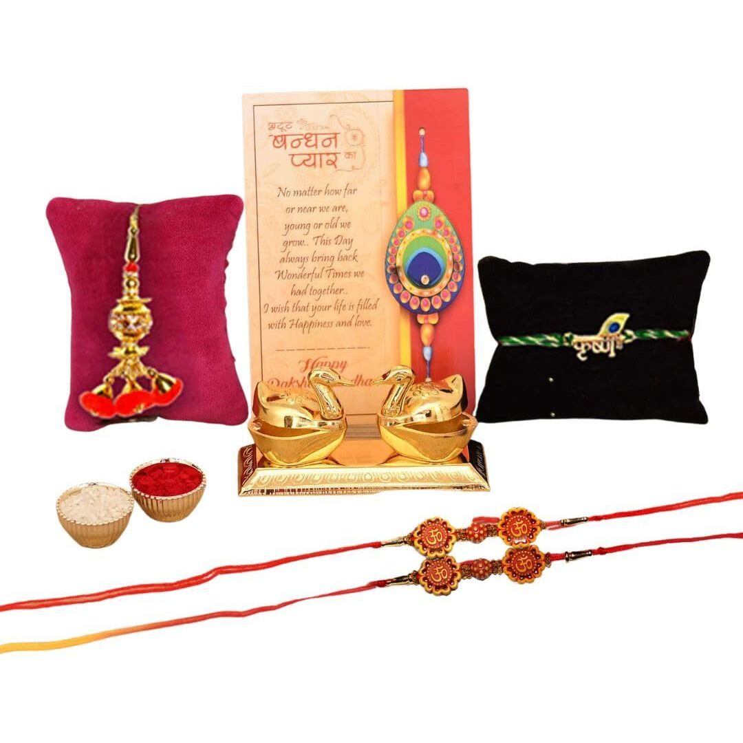 Rakhi with Gift for Brother and Bhabhi Kids Combo - 4 Rakhi for Rakshabandhan Gifts for Bhaiya Bhabhi - Kumkum Dani Box, Rakshabandhan Gift Card, Krishna Rakhi, Lumba Rakhi