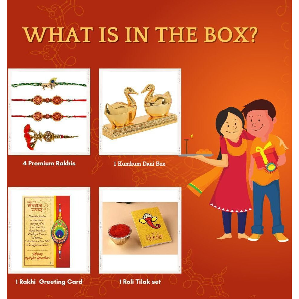 Rakhi with Gift for Brother and Bhabhi Kids Combo - 4 Rakhi for Rakshabandhan Gifts for Bhaiya Bhabhi - Kumkum Dani Box, Rakshabandhan Gift Card, Krishna Rakhi, Lumba Rakhi