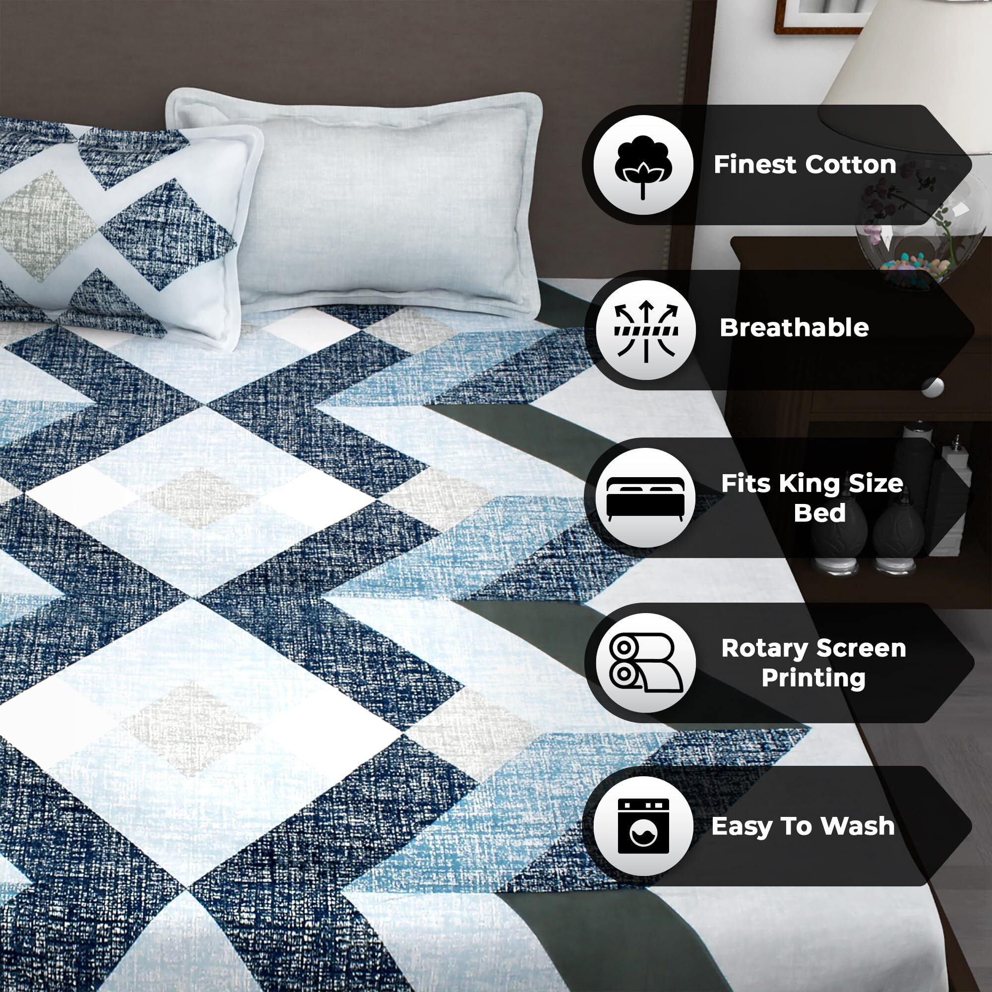 Story@Home Forever Collection 240 TC 100% Cotton King Size Bedsheet and 2 Pillow Covers (Blue and Grey)- Gifting Item- Rakhi, RakshaBandan