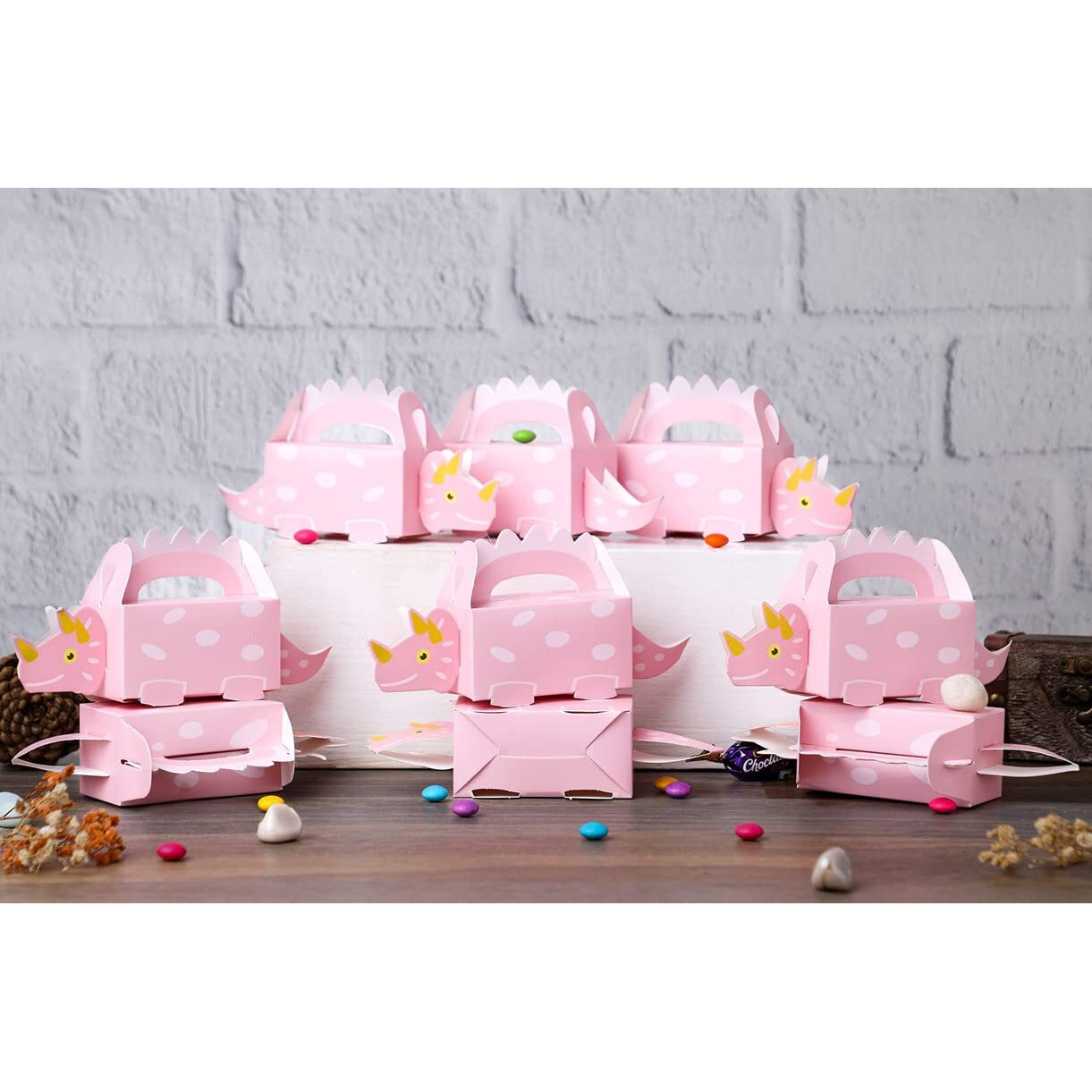 SATYAM KRAFT 20 PC Dinosaur Theme Favor Folding Storage Box, Perfect for Packing Chocolate, Dry Fruits, Rakshabandhan, Birthday, Rakhi Boxes, Brother-Sister,Return Gift (Pack of 20) (Pink)