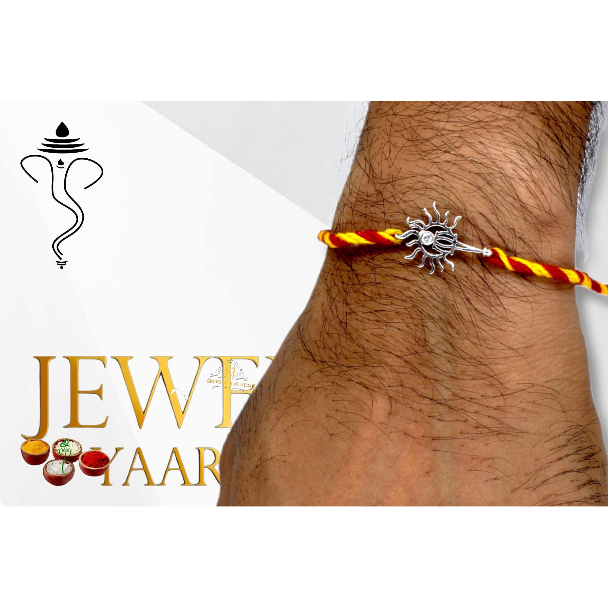 SJ SHUBHAM JEWELLERS 925 Sterling Silver Rakhi for brother God Rakhi Bracelet Raksha Bandhan Pure Cotton For Men, Rakhi With Roli Chawal