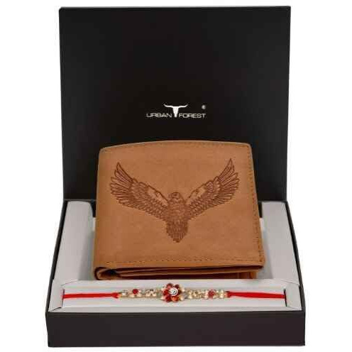 URBAN FOREST Rakhi Gift Hamper for Brother - Vintage Cognac Mens Leather Wallet and Rakhi Combo Gift Set for Brother - 5459