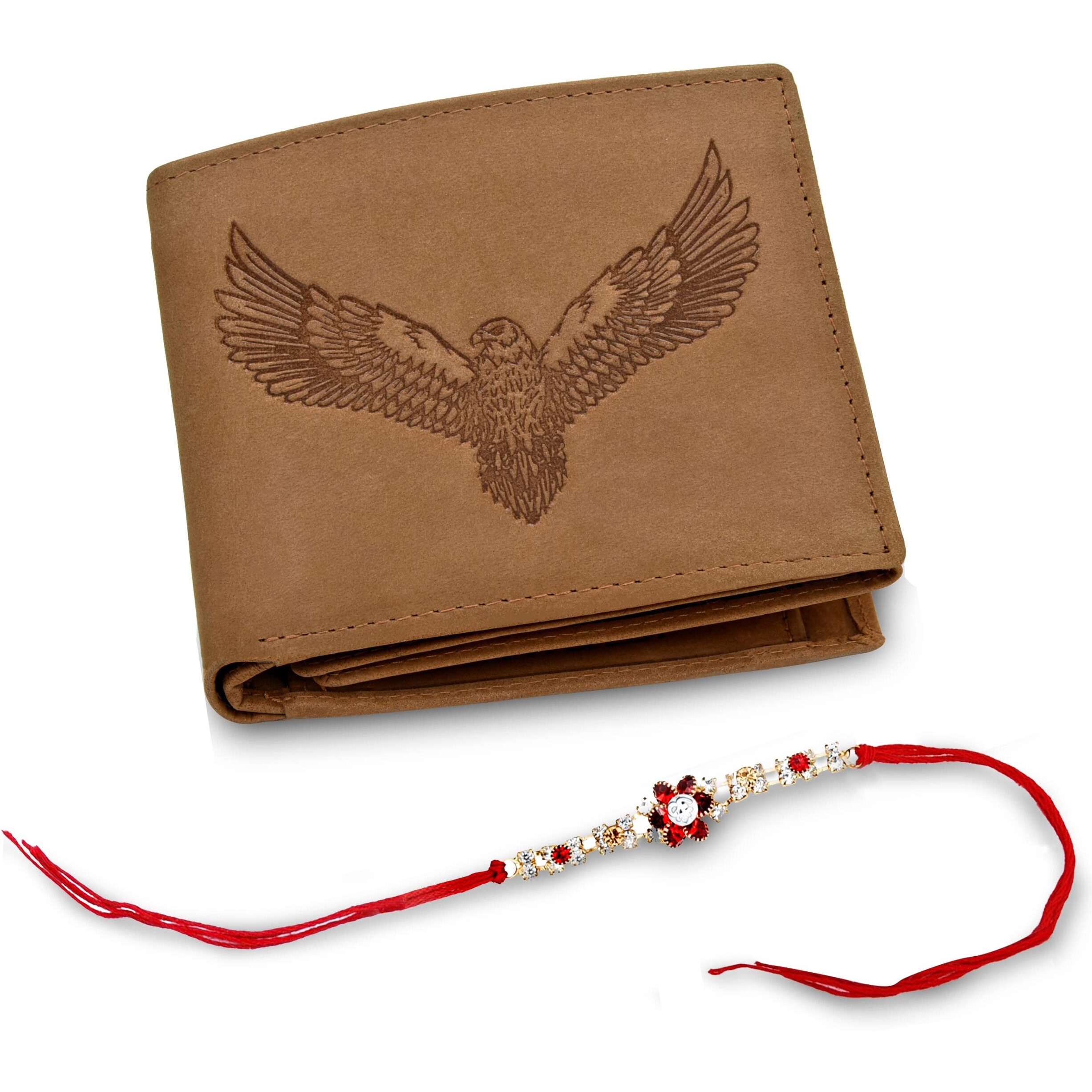 URBAN FOREST Rakhi Gift Hamper for Brother - Vintage Cognac Mens Leather Wallet and Rakhi Combo Gift Set for Brother - 5459