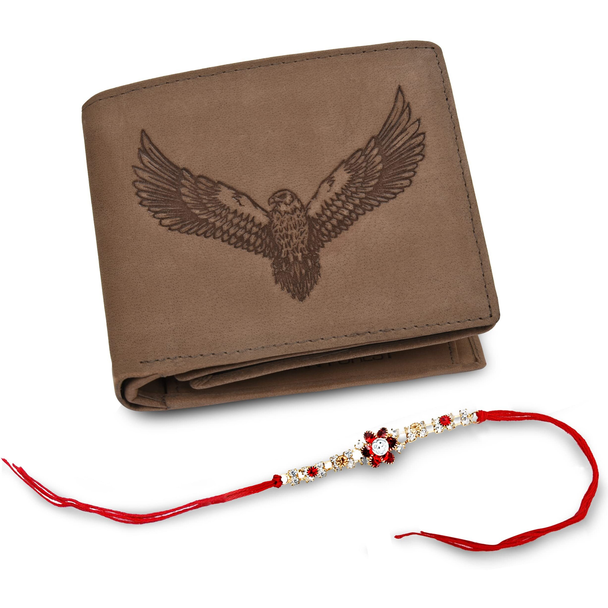 URBAN FOREST Rakhi Gift Hamper for Brother - Light Brown Mens Leather Wallet and Rakhi Combo Gift Set for Brother - 4581