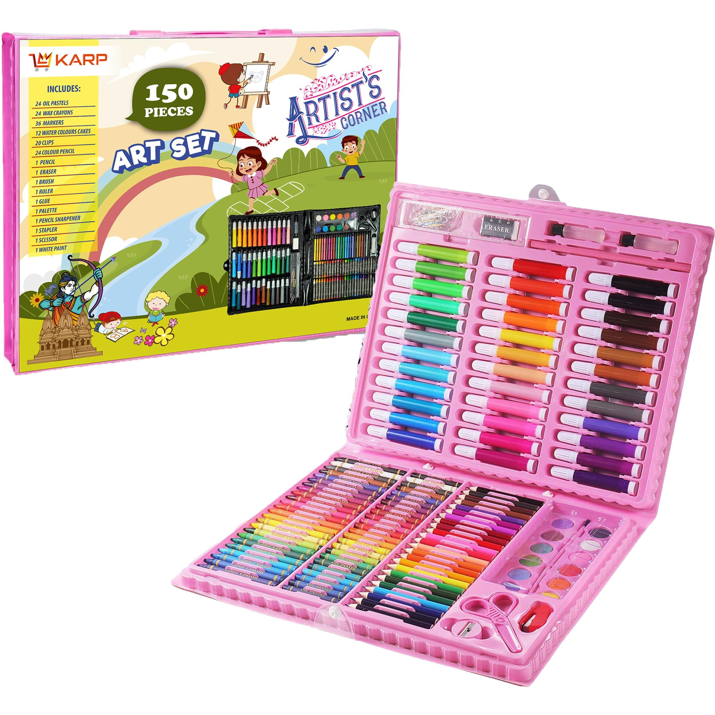 Shuban Plastic Deluxe Art Set Box & Drawing Kit with Crayons, Oil Pastels, Colored Pencil Best Rakhi Gift (150Pcs -Pink)